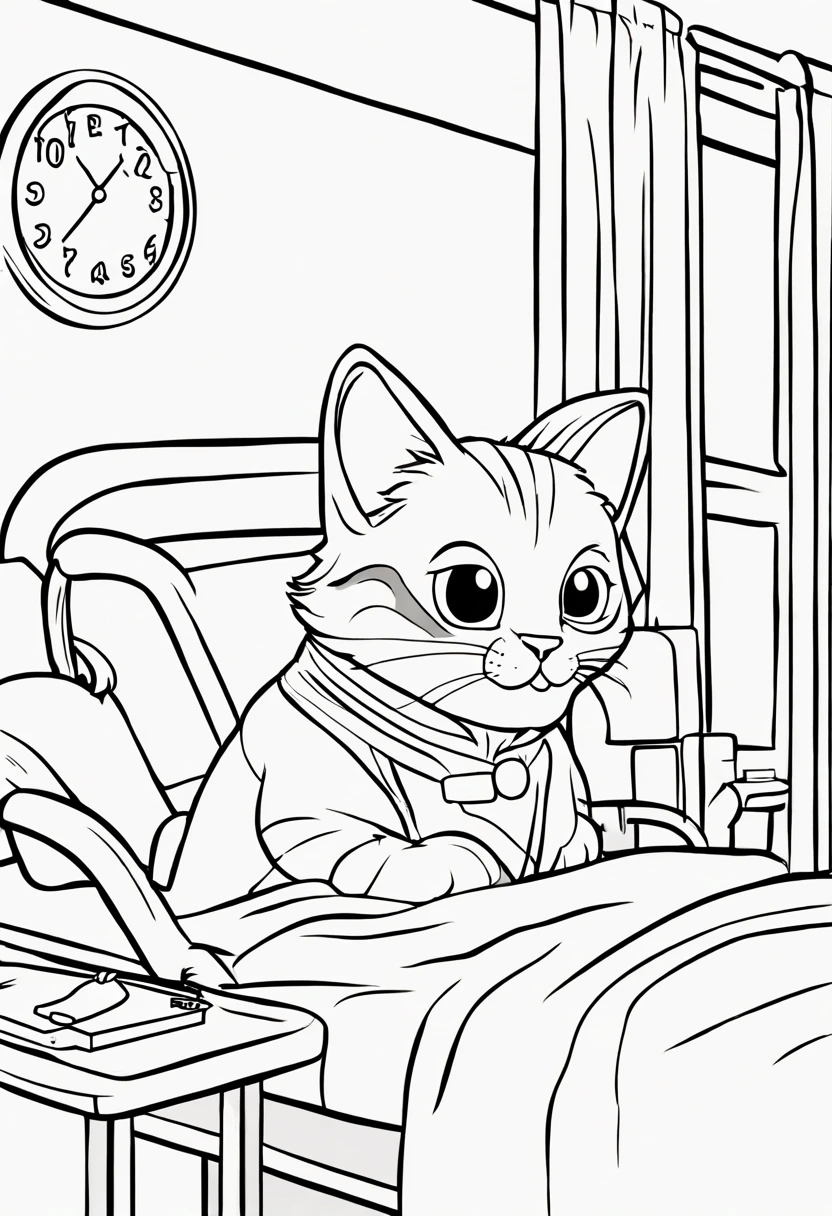 A cat patient is lying in the hospital bed, cartoon, Coloring Book, ColoringBookAF, no color, only contour,
