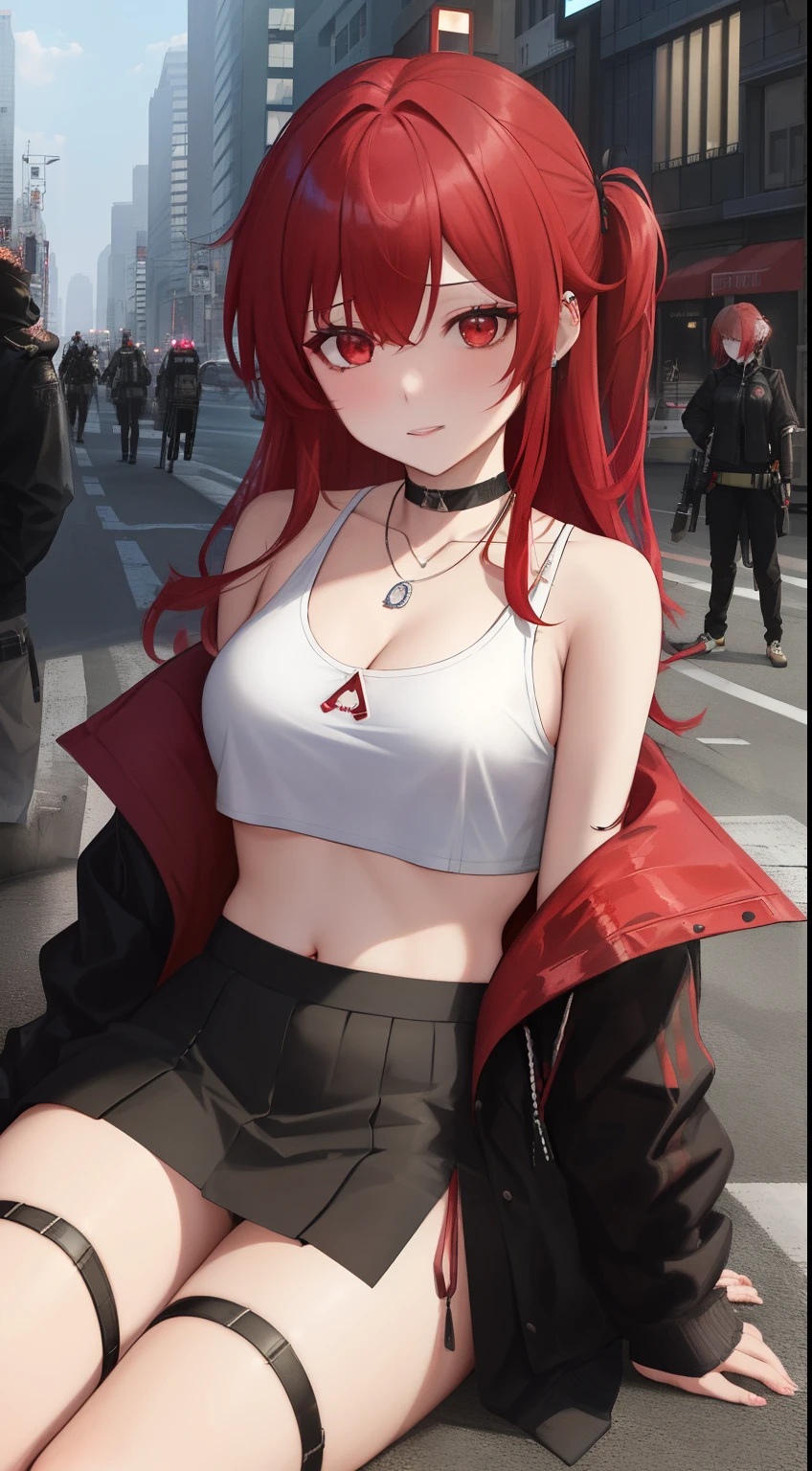 A woman with red hair and a black jacket sits on a city street with traffic lights in the background、Art Germ、Anime Art、Cyberpunk Art、photorealisim、1girll、bangss、Bare shoulders、Black Choker、Poor chest、bru、Brown eyes、buliding、a choker、城市、A city scape、croptop、jewely、Looking at Viewer、makeups、Midrif、a navel、a necklace、red hairs、long、side-tie panty、Sitting、skirt by the、Skyscraper、独奏、Tank Tops、red eyes、Tsuriformes、Have a gun