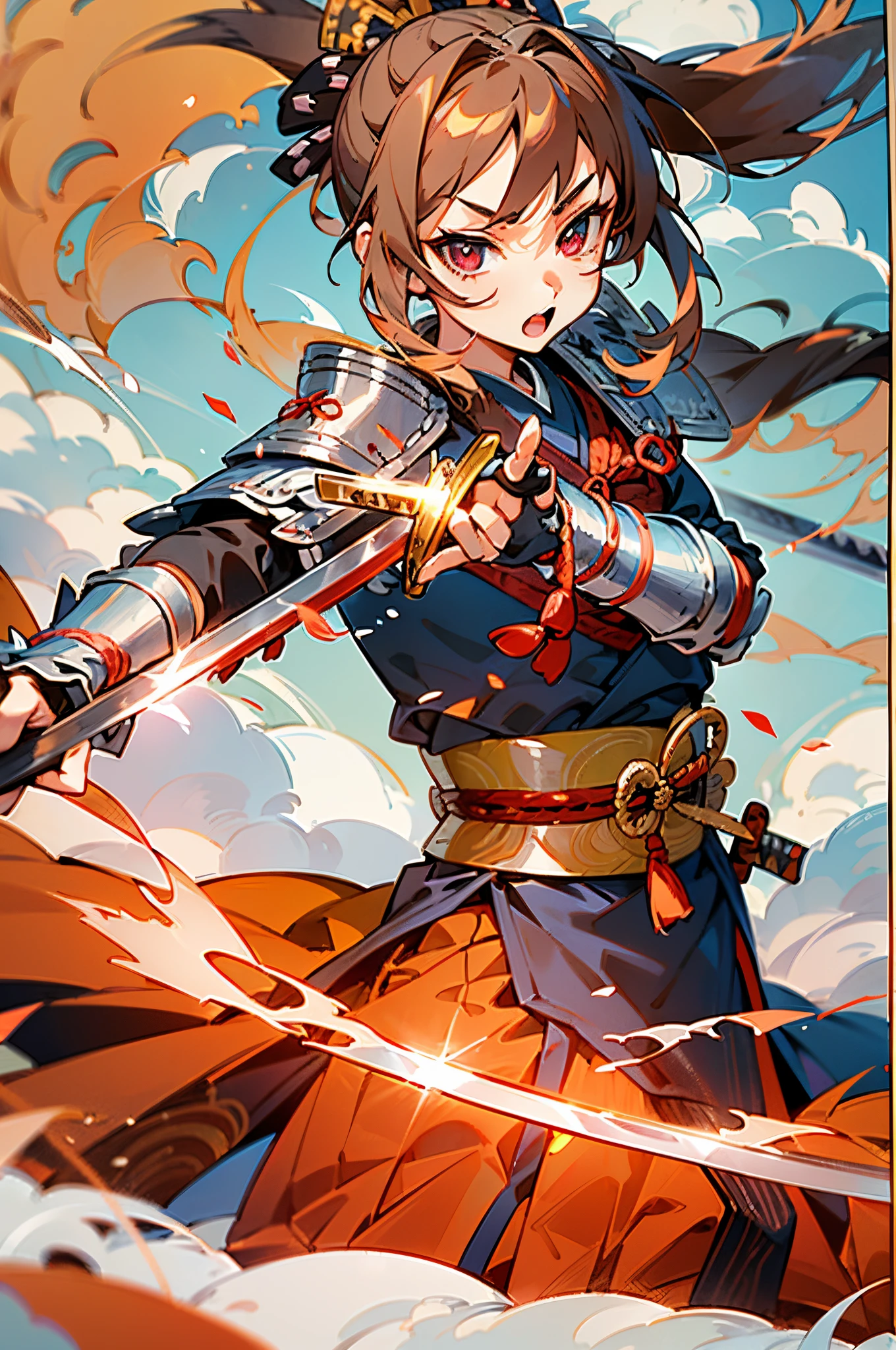 (Anime character wearing a dress with Japanese armor),( has a sword in his left arm), 1girl in, (Female anime samurai warrior fighting with sword on blue background with clouds),(Deep scarlet eyes), Solo,Kimono. Ponytail, (Kimono),holding weapon, ((holding samurai sword)), Long Black Hair, redribbon,(Dynamic action)