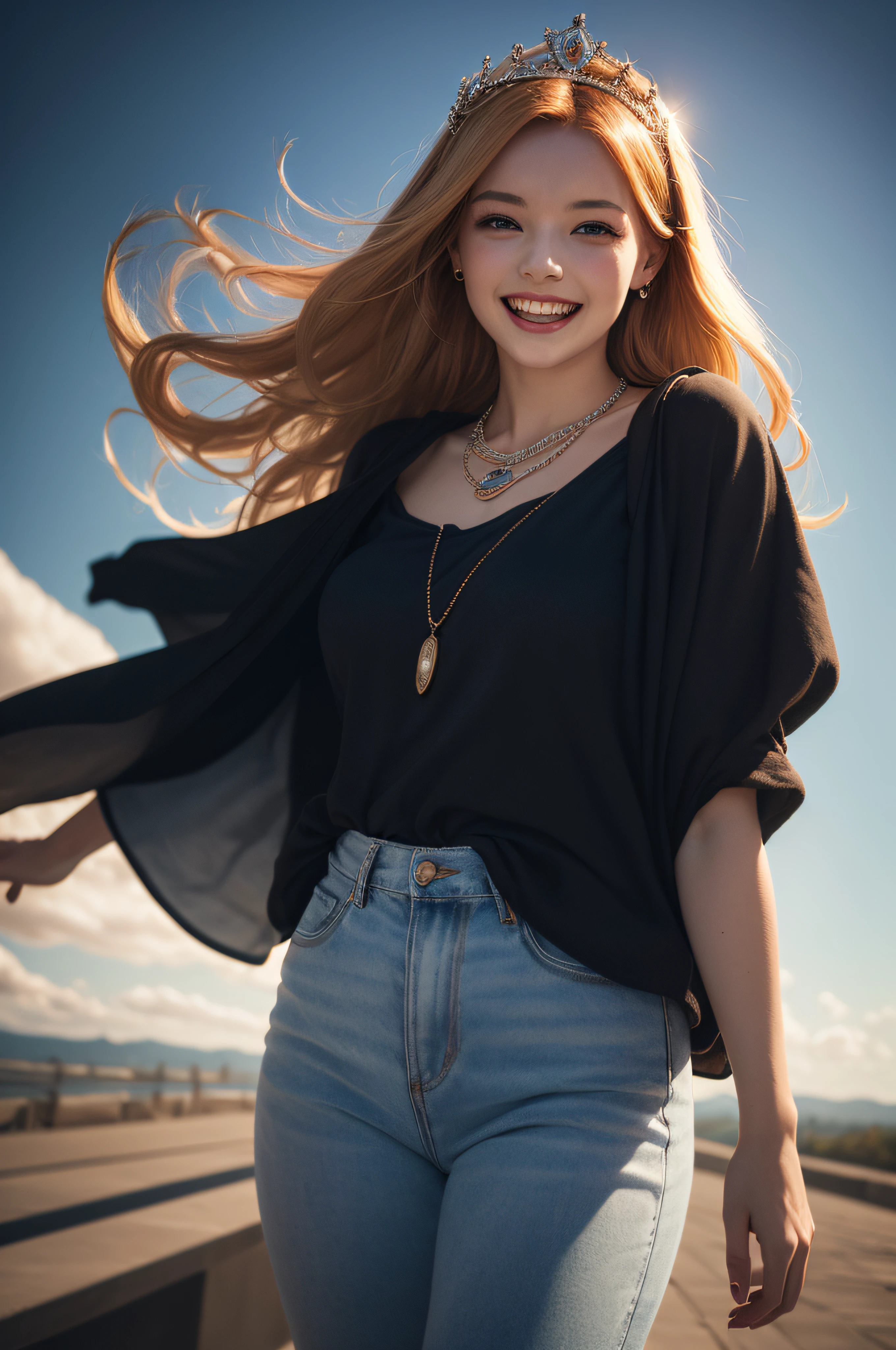Young goddess, (Her clothes are all flipping up by extremely strong wind:1.5), (wearing robe, tiara, necklace, (blonde | auburn) hair, blue eyes), (background random great nature), (laughing, big smiling), { (dramatic lighting:1), (rembrandt lighting:1.2), surrealism, god rays }, ((masterpiece, 8K highest resolution)), wide view, { (seen from back:0), (reveal pelvis:0) }