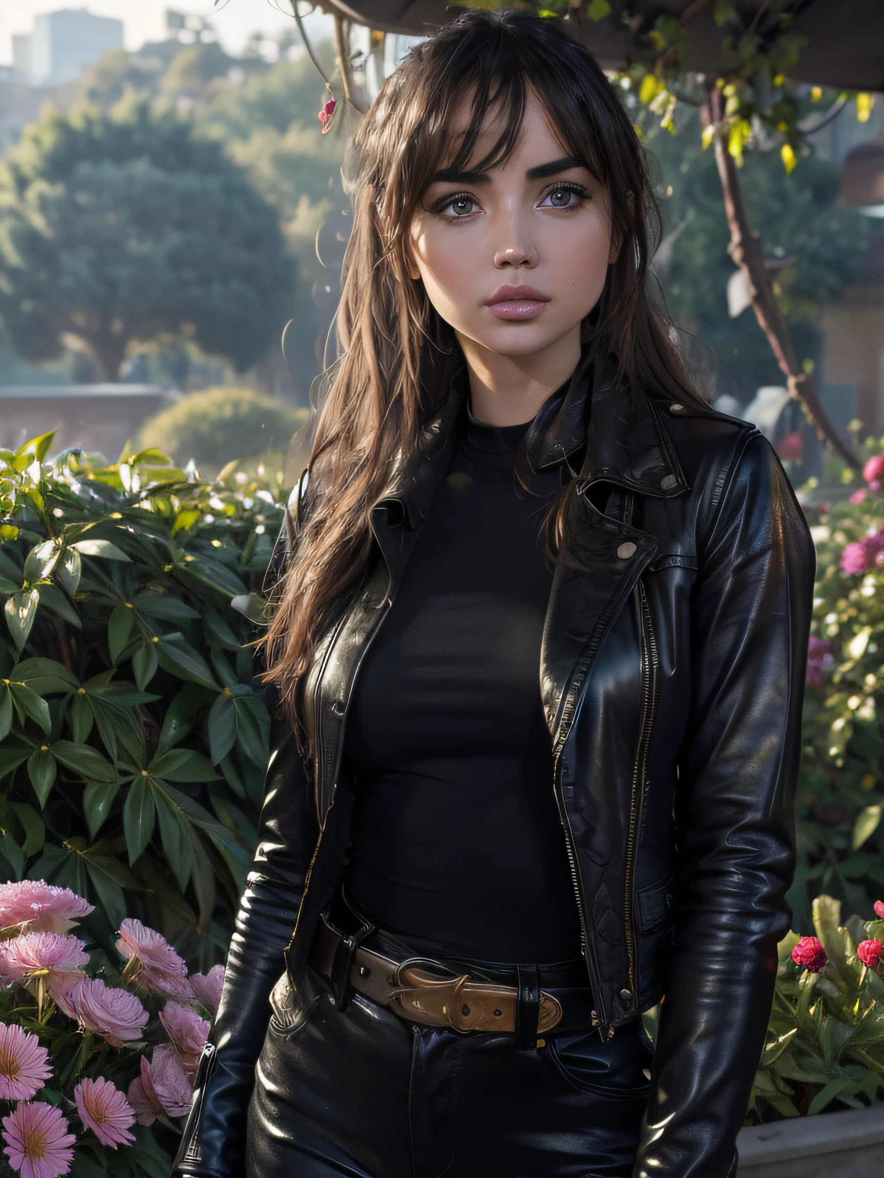 Ana de Armas, (best quality,highres,realistic:1.37),portrait,beautiful detailed eyes,beautiful detailed lips,longeyelashes,fashionable,top,garden,bright sunlight,colorful flowers,soft and warm lighting,harmonic color palette. black leather jacket, leather boots, more than one belt, torn jeans, beautiful, detailed face, detailed, highres, realistic, photorealistic, full body, head to toe, legs, matte skin, pores,