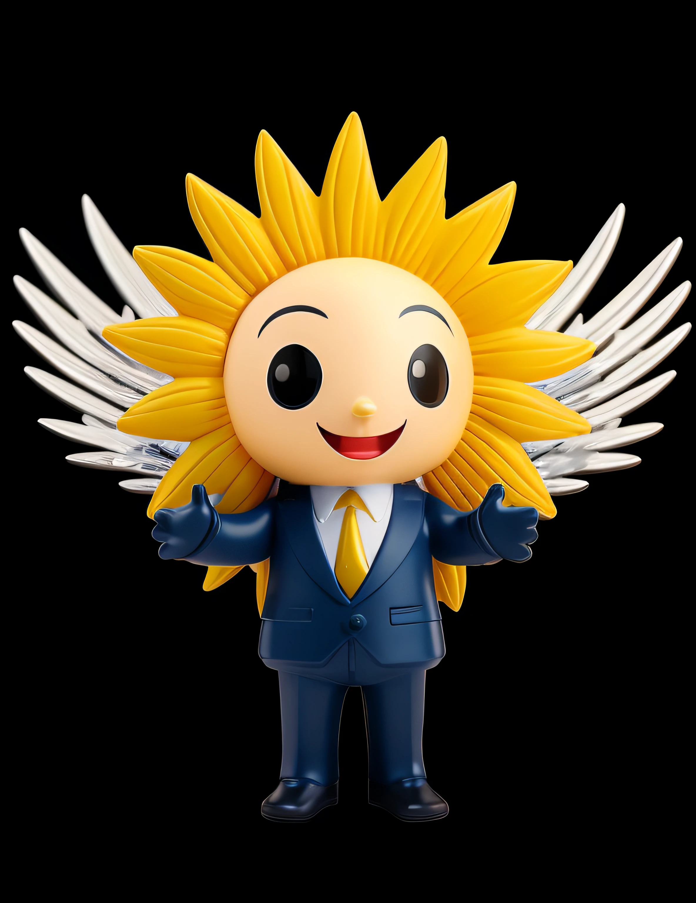 a close up of a toy with a sunflower on it, with a business suit on, full - body majestic angel, panasonic, mascot illustration, the dark sun, liosh, sans