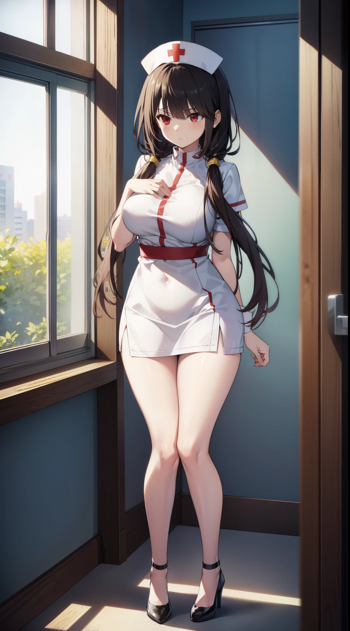 Kurosaki, Kurumi tokisaki, brunette color hair, Low Twin Tails, (Hair above one eye:1.5), (red eyes:1.2), (little breast:1.2), Break thighs and thighs, Hats,, white thighhig, nurse hat, nurses, Kurumi tokisaki, BREAK LOOKS AT THE AUDIENCE, BREAK indoors, Beds, Bedrooms, BREAK (tmasterpiece:1.2), best qualtiy, A high resolution, Unity 8k壁紙, (illustratio:0.8), (Beautiful detail eyes:1.6), very vey very detailed face, Perfect lighting,extremely detremely detailed CG,(perfect hand,perfect anatomia),professionalartwork, Complicated details, Field of View, Focus sharp, Detailed drawing, Photorealistic lighting, Hot topics on pixiv,(tmasterpiece:1.0),(The best_quality:1.0), 超A high resolution, ultra - detailed, photography of, 8K, HighDynamicRange, A high resolution, absurd res:1.2, Cordas Portela 400, filmgrain, Focus sharp, bokeh:1.2, lens flare glow, (A vibrant_colours:1.2), (((Indoors, Hospital details))), Annaros, 1个Giant Breast Girl, Female maturity, brunette color hair, long whitr hair, (yellow-eyed), Large breasts, nurses, nurse's outfit, high-heels, soft skin, hair intakes, (Alone:1.4), (Full body like,covering breasts), Angry and shy, Angry and shy face