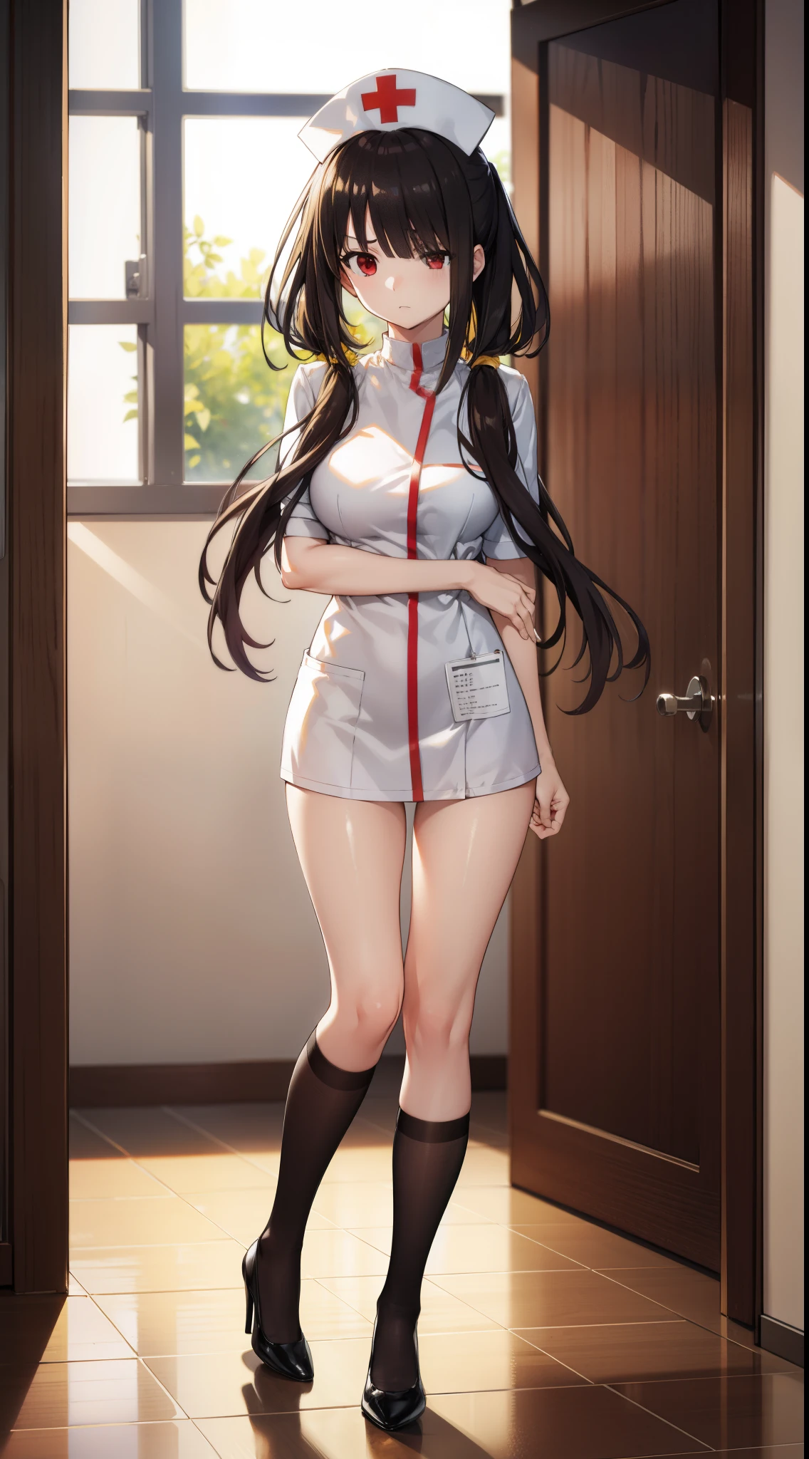 Kurosaki, Kurumi tokisaki, brunette color hair, Low Twin Tails, (Hair above one eye:1.5), (red eyes:1.2), (little breast:1.2), Break thighs and thighs, Hats,, white thighhig, nurse hat, nurses, Kurumi tokisaki, BREAK LOOKS AT THE AUDIENCE, BREAK indoors, Beds, Bedrooms, BREAK (tmasterpiece:1.2), best qualtiy, A high resolution, Unity 8k壁紙, (illustratio:0.8), (Beautiful detail eyes:1.6), very vey very detailed face, Perfect lighting,extremely detremely detailed CG,(perfect hand,perfect anatomia),professionalartwork, Complicated details, Field of View, Focus sharp, Detailed drawing, Photorealistic lighting, Hot topics on pixiv,(tmasterpiece:1.0),(The best_quality:1.0), 超A high resolution, ultra - detailed, photography of, 8K, HighDynamicRange, A high resolution, absurd res:1.2, Cordas Portela 400, filmgrain, Focus sharp, bokeh:1.2, lens flare glow, (A vibrant_colours:1.2), (((Indoors, Hospital details))), Annaros, 1个Giant Breast Girl, Female maturity, brunette color hair, long whitr hair, (yellow-eyed), Large breasts, nurses, nurse's outfit, high-heels, soft skin, hair intakes, (Alone:1.4), (Full body like,covering breasts), Angry and shy, Angry and shy face