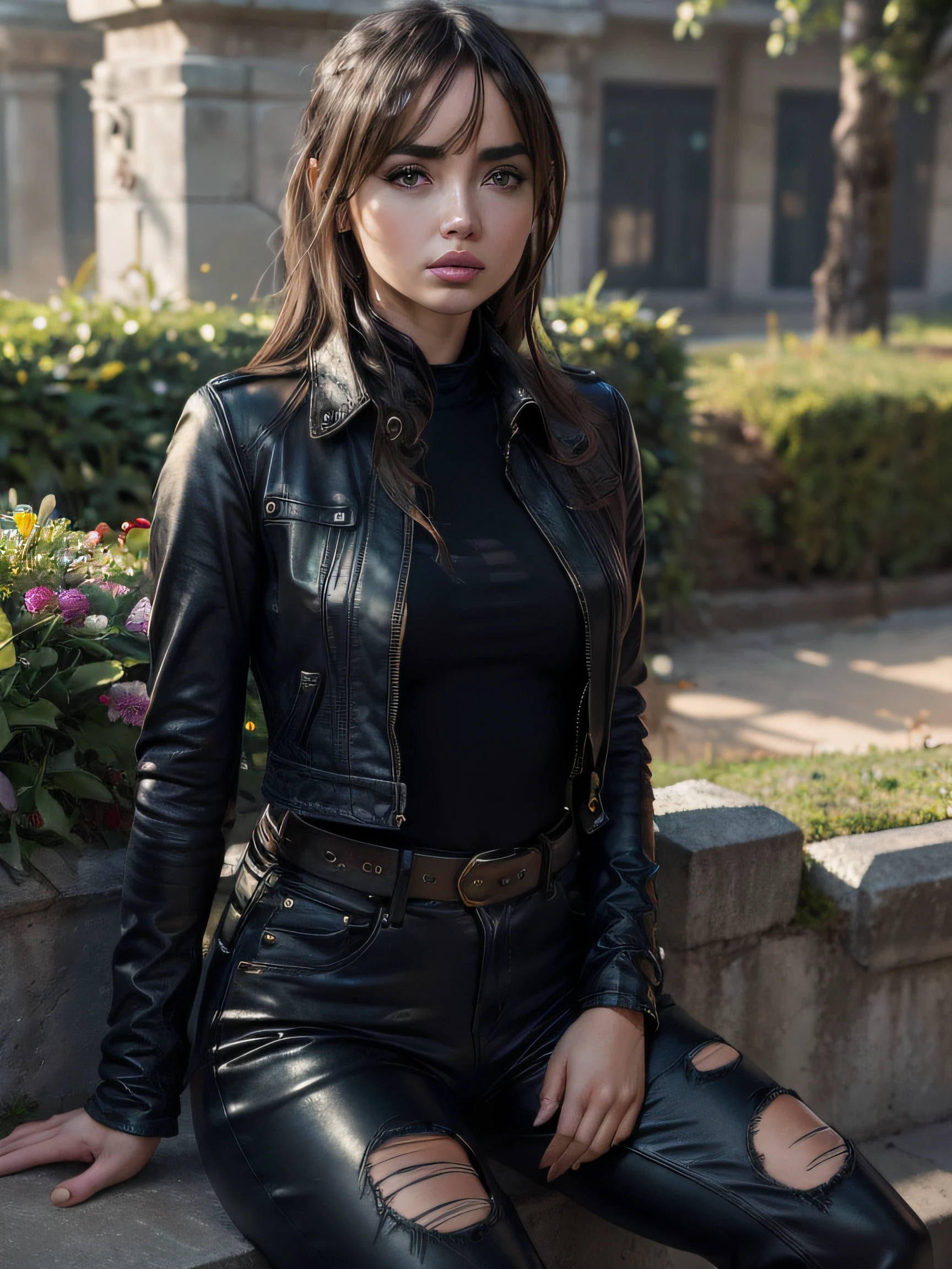 Ana de Armas, (best quality,highres,realistic:1.37),portrait,beautiful detailed eyes,beautiful detailed lips,longeyelashes,fashionable,top,garden,bright sunlight,colorful flowers,soft and warm lighting,harmonic color palette. black leather jacket, leather boots, more than one belt, torn jeans, beautiful, detailed face, detailed, highres, realistic, photorealistic, full body, head to toe, legs, matte skin, pores,