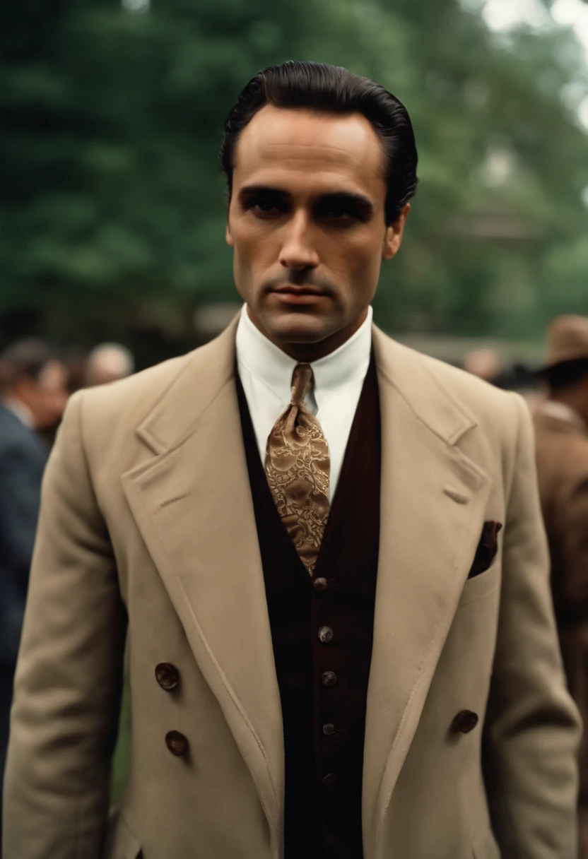 A photo of Fredo standing in line at a local community center, eagerly waiting to volunteer for a charity event.,The Godfather series,Fredo Corleone, a character from “The Godfather” series, portrayed by John Cazale, has a less imposing presence compared to other members of the Corleone family. He often appears slightly disheveled, with a softer, less confident demeanor. Fredo’s style is somewhat conservative, typically dressed in suits that are less refined than those of his brothers, underscoring his secondary status in the family hierarchy.