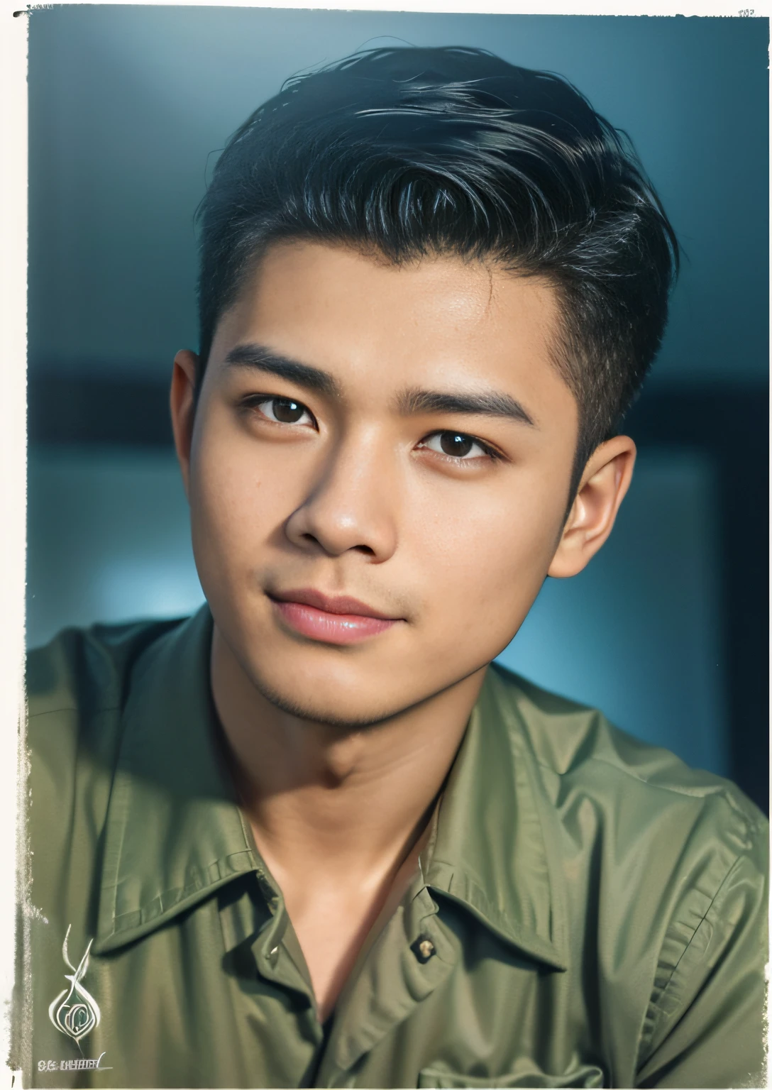 ((masterpiece), (best quality), (raw photo), (photorealistic:1.4), Highly realistic photo, Portrait of a 25 year old Vietnamese young man, wearing a dark green Vietnamese wartime army shirt, black hair, ((Mouth not smiling)),The light from above shines down, (dark blue background), photo taken in 1975 by Fujifilm XT3