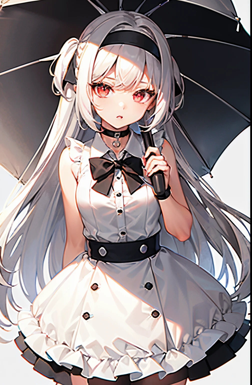 best quality, ultra high res, 1girl, sleeveless white button shirt, black skirt, black choker, cute, (Kpop idol), (aegyo sal:1), (platinum blonde hair:1), ((puffy eyes)), looking at viewer, full body, facing front, wearing a headband that says (("LYA")), text, headband. Long hair, use an umbrella, sharp, intense gaze.