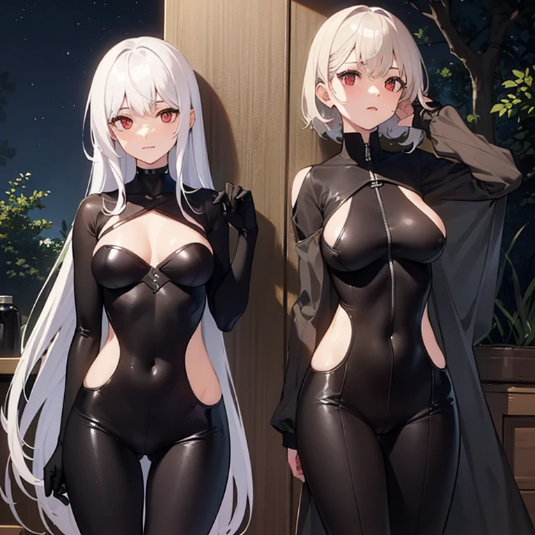 ((women Bodysuit Black)),((medium breasts)),((very long white hair, red eyes, hopeless face)),((standing, 1 arm behind the back)), in a haunted forest, at night,