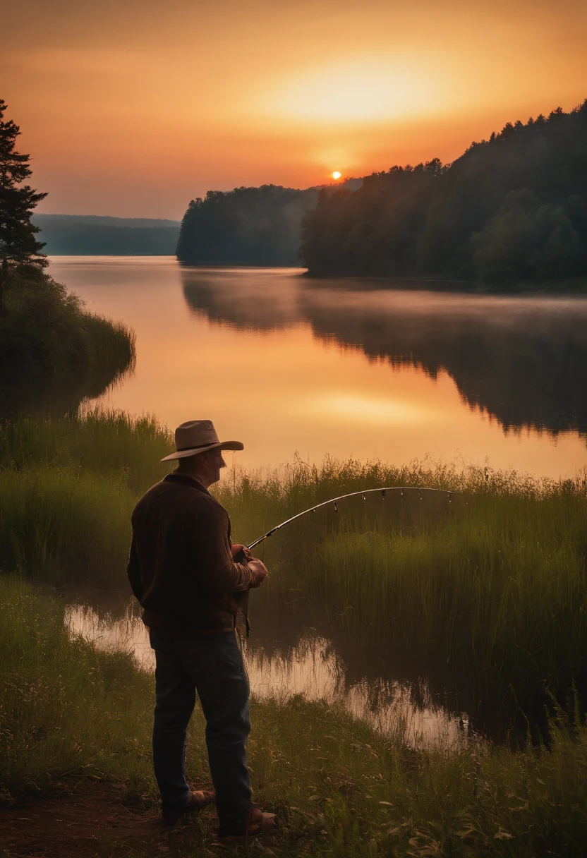 A mesmerizing view of the sunrise over the lake, with a hidden fishing rod tucked away in the background.,original,He looks like your average everyday guy. He never wants to stand out in a crowd. He wants to look like everyone else. He is an average man.