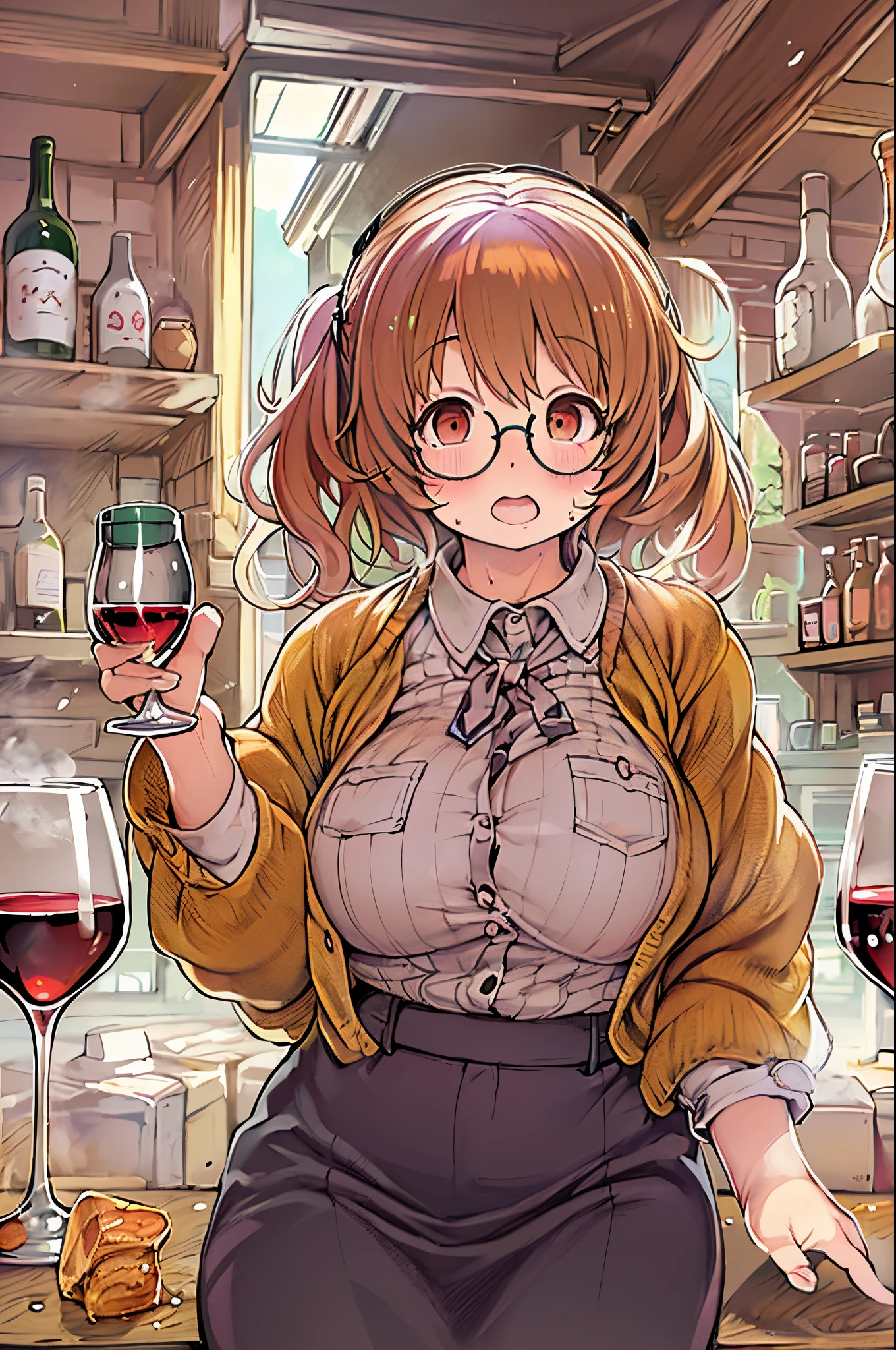 ((masutepiece)), ((Best Quality))、Two-dimensional girl、huge-breasted、big round glasses、bbw、red blush、Saizeriya、drink wine