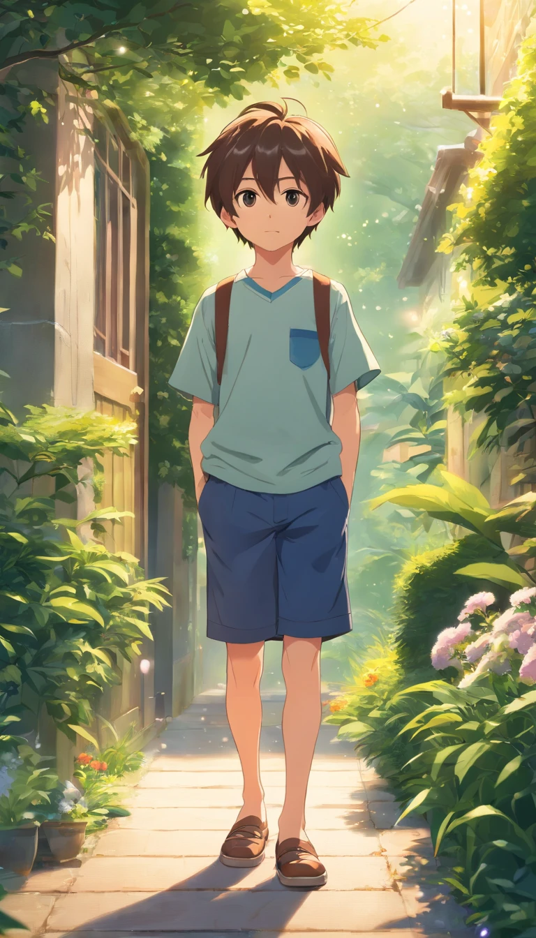A 6 year old boy standing in the garden, high qulity, Clear focus (messy house: 0.8), (tmasterpiece: 1.2) (realist: 1.2) (bokeh) (Better quality) (Delicate skin: 1.3) (Complicated details) (8K) (eye detailed) (tack sharp focus), (Scared) (a variety of poses) designs, Modern tailoring