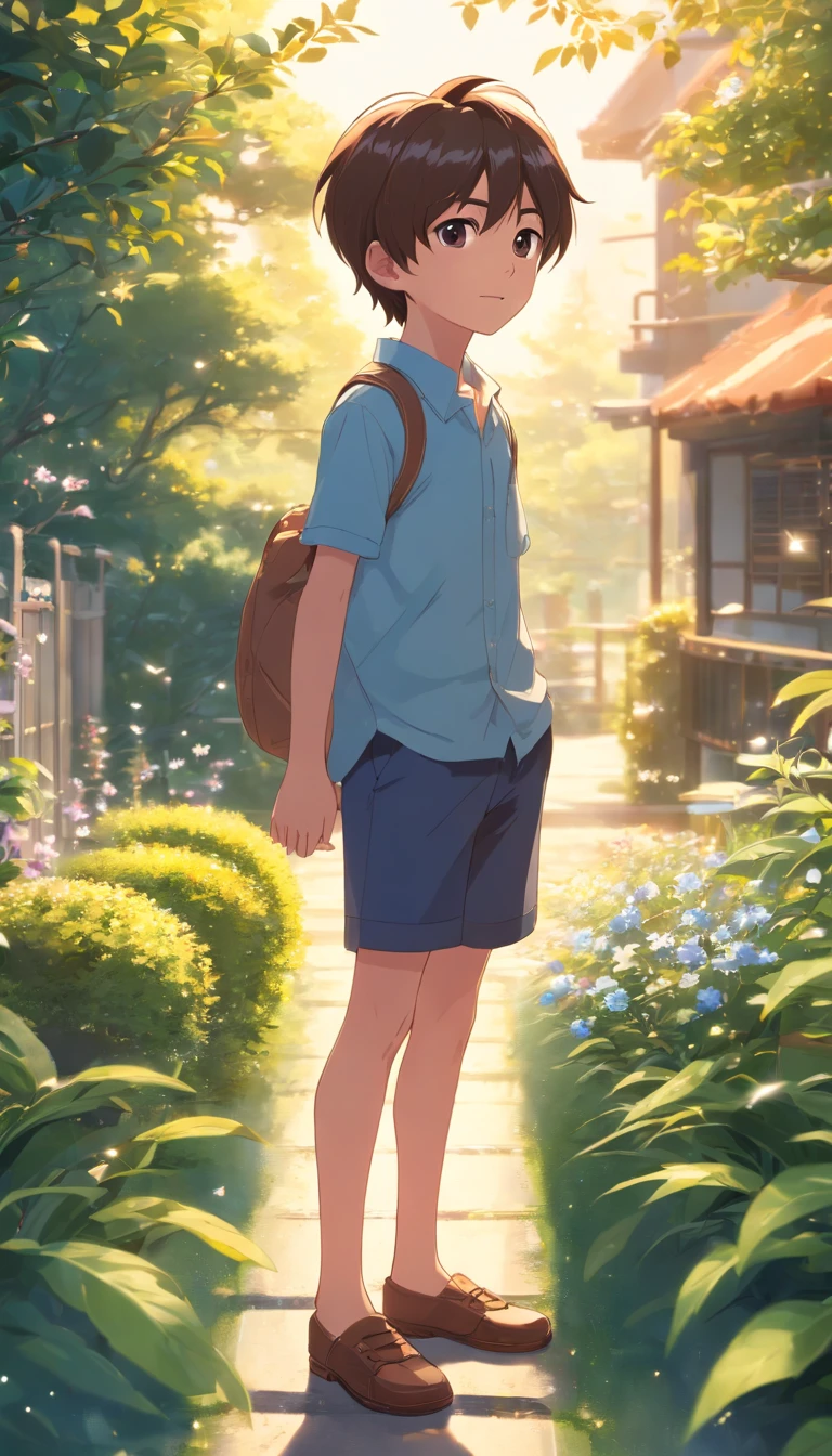 A 6 year old boy standing in the garden, high qulity, Clear focus (messy house: 0.8), (tmasterpiece: 1.2) (realist: 1.2) (bokeh) (Better quality) (Delicate skin: 1.3) (Complicated details) (8K) (eye detailed) (tack sharp focus), (Scared) (a variety of poses) designs, Modern tailoring