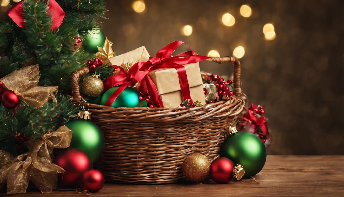 (best quality,highres,masterpiece:1.2),ultra-detailed,realistic,photorealistic:1.37,Italian Christmas scene,web banner,gifts in a basket,Christmas decorations,advertising