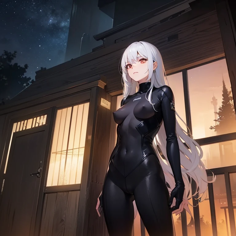 ((women Bodysuit Black)),((medium breasts)),((very long white hair, red eyes, hopeless face)),((standing, 1 arm behind the back)), in a haunted forest, at night,