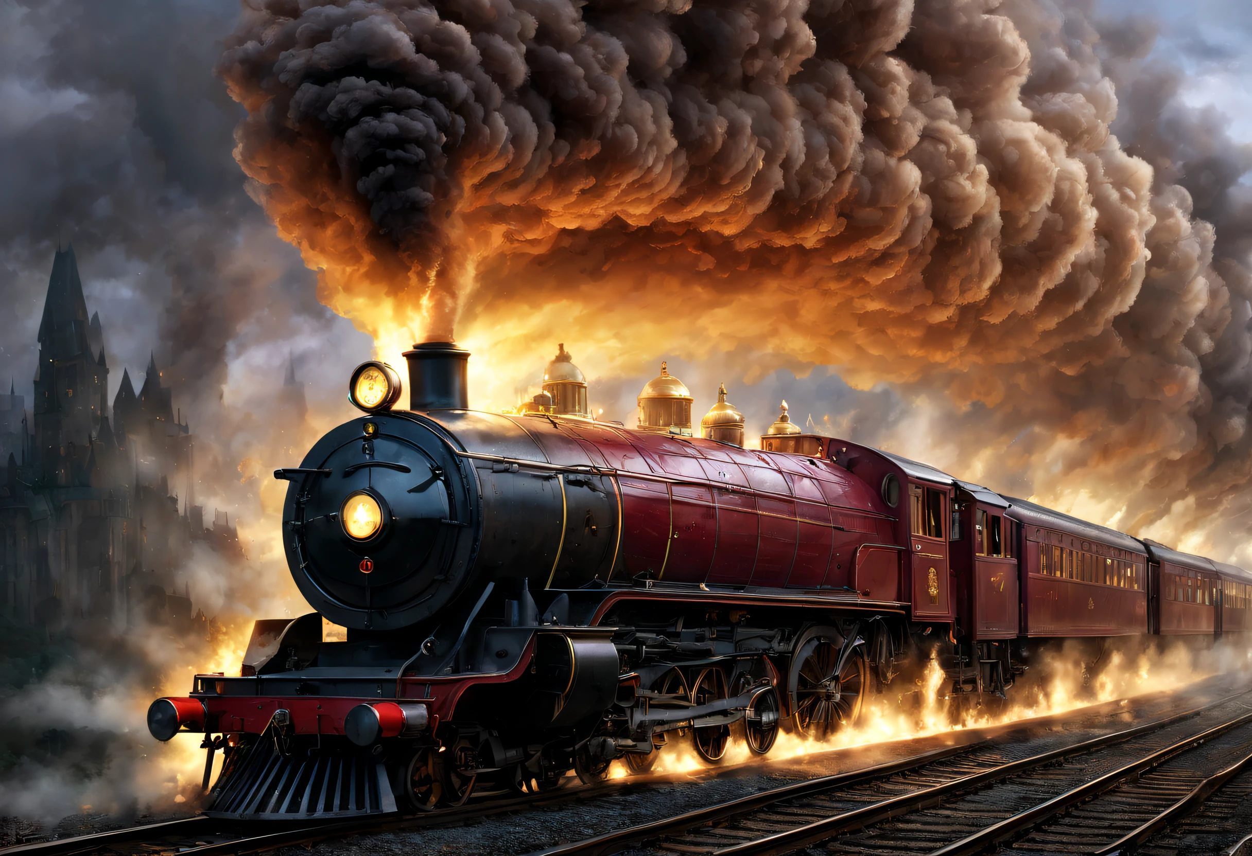 ultra-realistic realism, romanticism lain, Sci-fiism，mistic，thriller，ray traycing, Atmospheric perspective, in a panoramic view, wide angles, Sony FE masterpiece, , high detal, high high quality, Award-Awarded, Best quality, A high resolution, 8K， 
（Hogwarts Express），It consists of a group of scarlet steam locomotives，Each carriage is made of dark oak，Carved windows，Brass door catch，There are gilded letters on the roof.，Spell out &quot;Hogwarts Express&quot;，The carriages are connected by iron corridors，The corridor is covered with the brightest red carpet，Steam locomotive smoke fills the cold morning，It gives a hazy and mysterious feeling。 when the train pulls into the station，Its whistle can cheer people up，The train has also been described as having a soul of its own，It wakes up sleeping passengers at specific times，Lead them to their destiny。This is a description of what the Hogwarts Express looks like，it&#39;s not just a train，It’s more of a symbol，A symbol that leads students to the mysterious and dangerous world of magic。