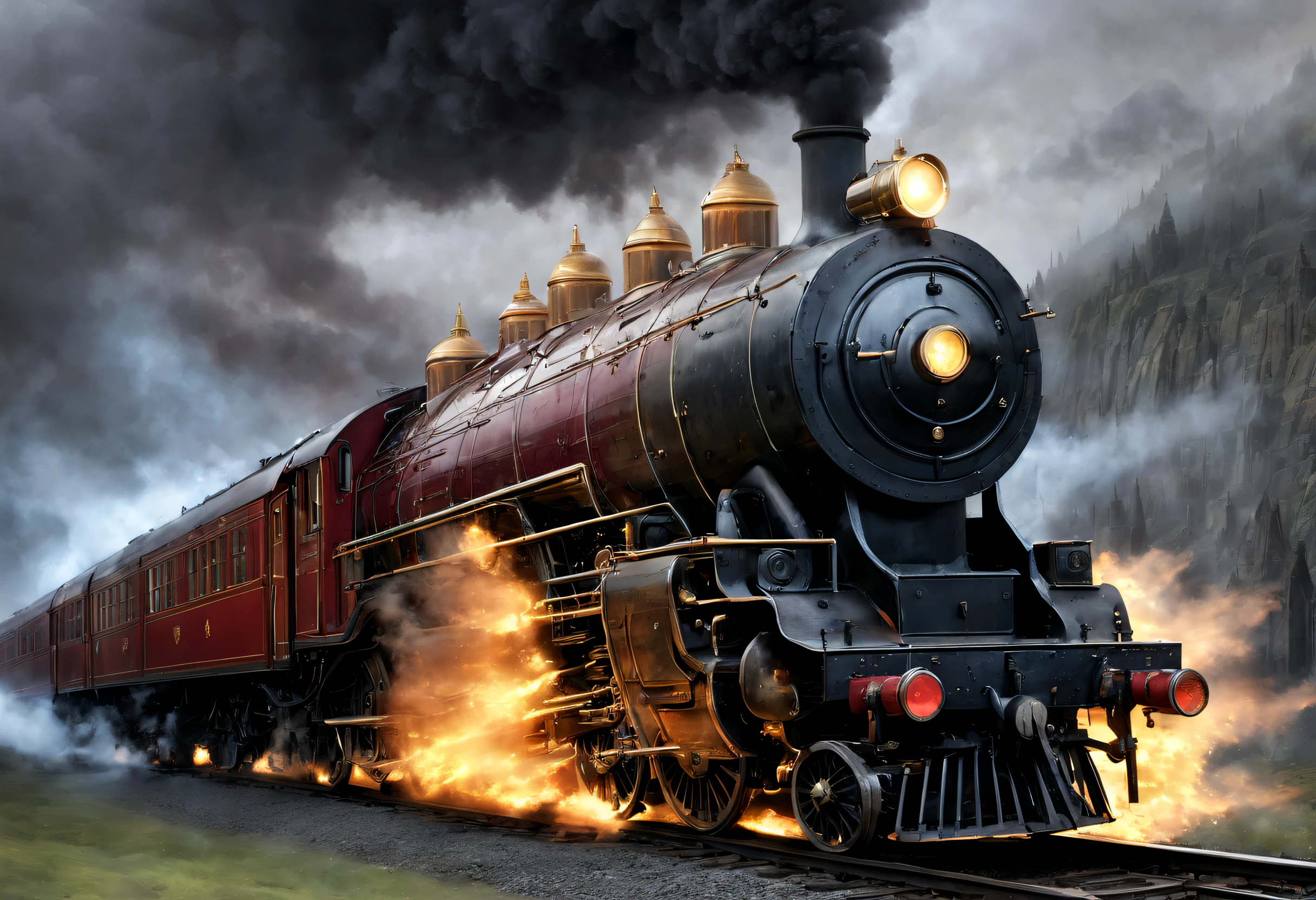 ultra-realistic realism, romanticism lain, Sci-fiism，mistic，thriller，ray traycing, Atmospheric perspective, in a panoramic view, wide angles, Sony FE masterpiece, , high detal, high high quality, Award-Awarded, Best quality, A high resolution, 8K， 
（Hogwarts Express），It consists of a group of scarlet steam locomotives，Each carriage is made of dark oak，Carved windows，Brass door catch，There are gilded letters on the roof.，Spell out &quot;Hogwarts Express&quot;，The carriages are connected by iron corridors，The corridor is covered with the brightest red carpet，Steam locomotive smoke fills the cold morning，It gives a hazy and mysterious feeling。 when the train pulls into the station，Its whistle can cheer people up，The train has also been described as having a soul of its own，It wakes up sleeping passengers at specific times，Lead them to their destiny。This is a description of what the Hogwarts Express looks like，it&#39;s not just a train，It’s more of a symbol，A symbol that leads students to the mysterious and dangerous world of magic。