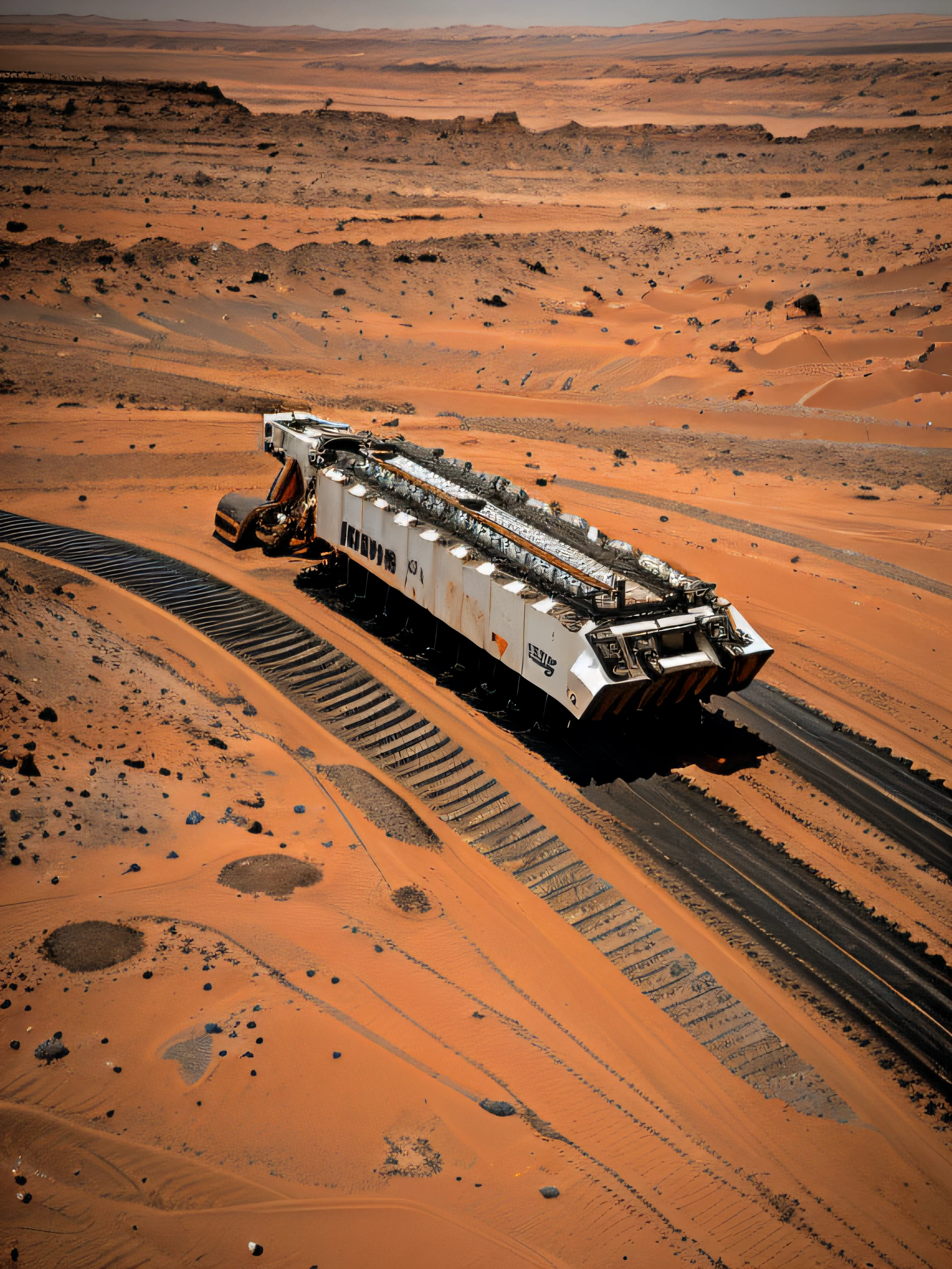 On Mars, a huge cutting-edge drilling machine is at work. The Martian ground is dotted with metallic texture and many mining workers. Bright pictures, different machines, starry sky, daytime, digging into large mechanical details, super wide angle, bird's eye view, high reality, light and dark
