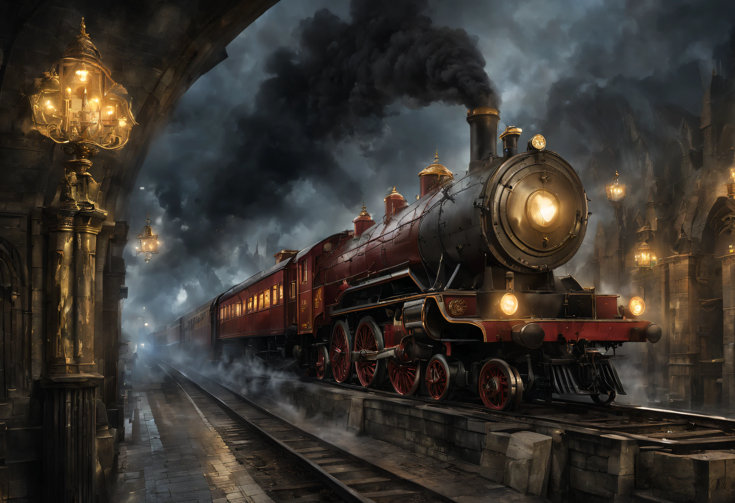 ultra-realistic realism, romanticism lain, scientism，mistic，Thriller，Ray traching, atmosphric perspective, in a panoramic view, wide angles, Sony FE masterpiece, , high detal, high high quality, Award-Awarded, Best quality at best, A high resolution, 8K， 
（Hogwarts Express），It consists of a group of scarlet steam locomotives，Each carriage is made of dark oak，Carved windows，Brass door catch，There are gilded words on the roof.，spell out &cite;Hogwarts Express&cite;，There are iron corridors connecting the carriages.，The corridor is covered with the brightest red carpet，Steam locomotive smoke fills the cold morning，Give people a hazy feeling、mystical feeling。 when the train comes into the station，Its whistle can cheer people up，Trains have also been described as having a soul of their own，It wakes up sleeping passengers at a specific time，Lead them to their destiny。This is a description of what the Hogwarts Express looks like，tas&#39;not just a train，It&#39;s more of a symbol，Symbols that lead students into the mysterious and dangerous world of magic。