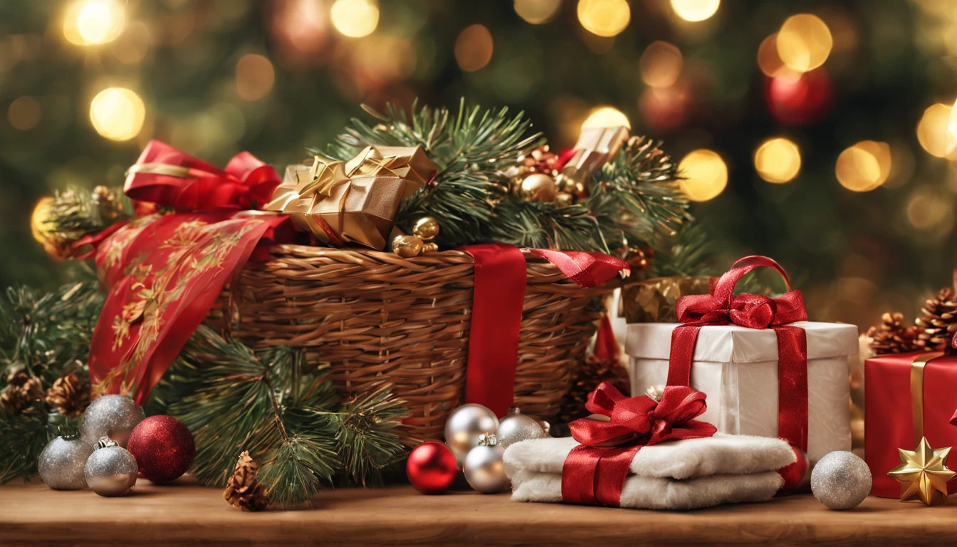 (best quality,highres,masterpiece:1.2),ultra-detailed,realistic,photorealistic:1.37,Italian Christmas scene,web banner,gifts in a basket,Christmas decorations,advertising