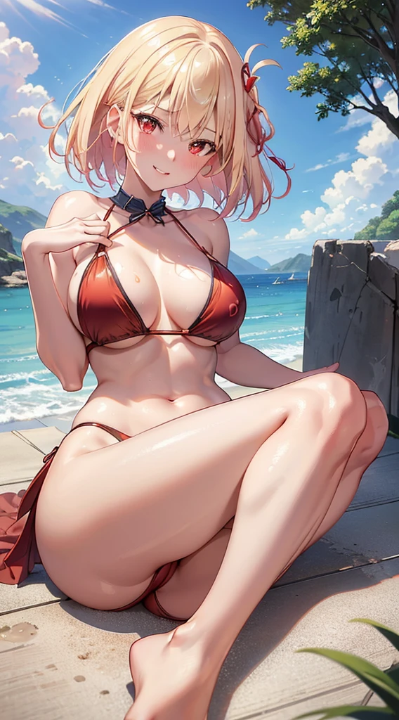 (masterpiece, top quality, best quality, official art, beautiful and aesthetic:1.2), (1girl), extreme detailed,(fractal art:1.3),colorful,highest detailed, (Photoshopped Drawing:1) of (Illustration:1.6), (highres, best quality), masterpiece, 1girl, (symmetrical breasts), sunbeam, god rays, ambient lighting, medium breasts, oppai, gazing eye, unreal engine 5, immaculate detail, ultra detailed, hyper refined, uber mega mega good,(Vivid Colors:0.25),Extremely detailed, 2k wallpaper, amazing, finely detail, 8K Wallpaper, huge filesize, Ultra-detailed, hight resolution, Extremely detailed, Realistic, 8K, Ultra-high definition, Highest Quality, Ultra High Resolution, NSFW, POV, Beautiful background, (masterpiece), Raw photo, Best Quality, expressive eyes, perfect face, ((sexy micro bikini)), bedroom, sexy legs, legs, beautiful eyes, beautiful smiling face, red ribbon, hips, red eyes, blush, sweat, sexy, provocative pose, high leg, bare breasts, glossy chest, shiny on the chest, whole body, large cleavage, Tropical beaches, full , anime style, ((extra small micro bikini)), sexypose, sexy facial expression, Sexy Shots, beautiful legs, platinum-blonde, shorth hair, red eyes, at the tropical beach side, beach, summer, (thighs thighs thighs thighs:1.0), medium_breasts, Yellow blonde hair, oppai proportions, small curvy , oppai, Short yellow blonde hair, short hair, big breast