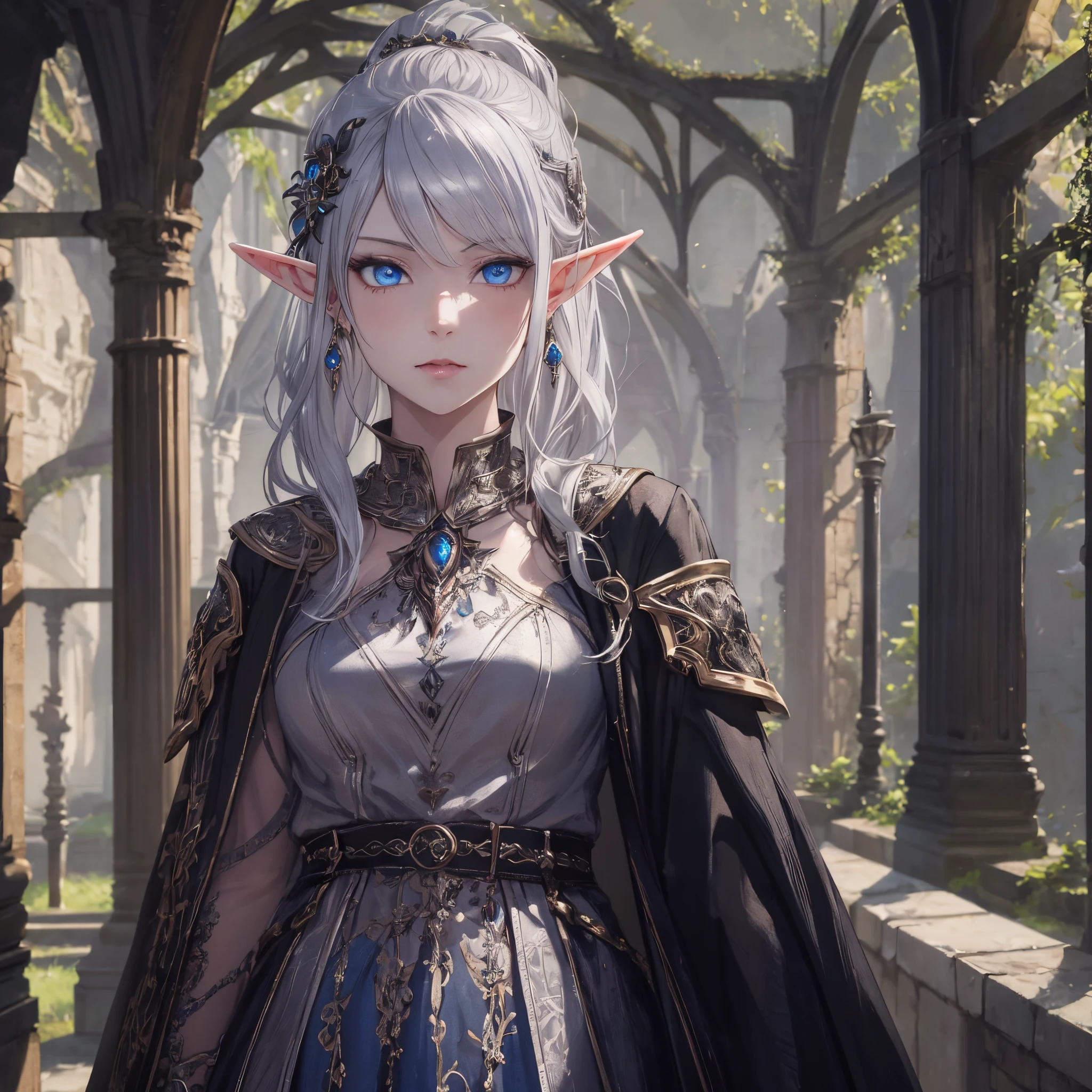 masterpiece, best quality, 1girl, adult, female focus, solo, silver hair, vibrant blue eyes, looking at viewer, closed mouth, Fantasy aesthetics, fantasy earring, Highly detailed, shadowverse style, elf ear, elf, demonic attire, pale skin