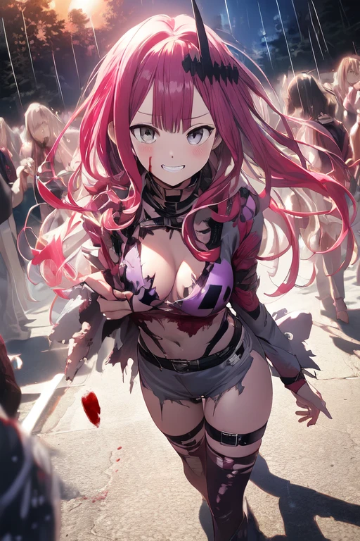 masterpiece, intricate detailed,bestquality, {{masterpiece}},bestquality, extremely detailed cg unity 8k wallpaper,Guro, dynamic angle, walk towards the audience, Nepgear, flat chest, Grey eyes, looking at the audience,Good personality, cry, evil grin, Torn purple shirt, purple shirt with torn pattern, Thigh strap, long red hair, purple shoes, white thighhighs, Hair ornaments, Blood is splattered, Blood Moon, forests,grey eyes,Blood rain,Corpses along the way..,large boobs,realistic hand