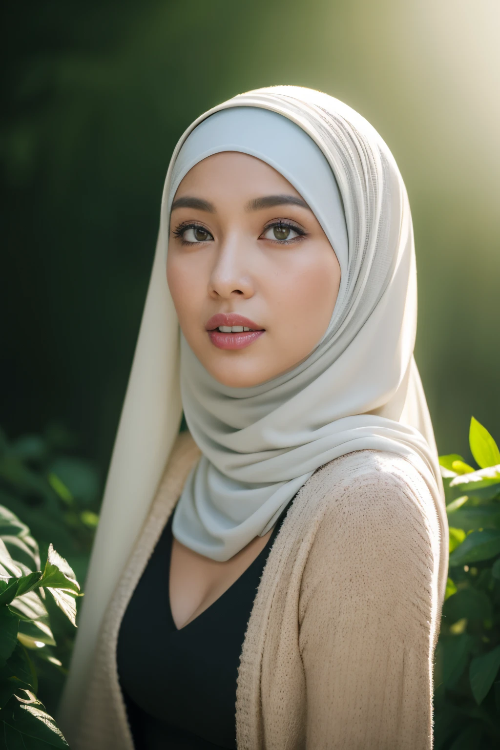 Garden, superhero, javanese, (((hijabi))), cleavage, reflection light, chiaroscuro, depth of field, cinematic lighting, ray tracing, Sony FE GM, UHD, super detail, masterpiece, textured skin, high details, best quality, award winning，3D,hdr（HighDynamicRange）,Ray tracing,NVIDIA RTX,Hyper-Resolution,Unreal 5,Subsurface scattering、PBR Texture、post-proces、Anisotropy Filtering、depth of fields、maximum definition and sharpness、Many-Layer Textures、Albedo e mapas Speculares、Surface coloring、Accurate simulation octane rendering of light-material interactions、Two-colored light、largeaperture、Low ISO、White balance、the rule of thirds、8K raw data