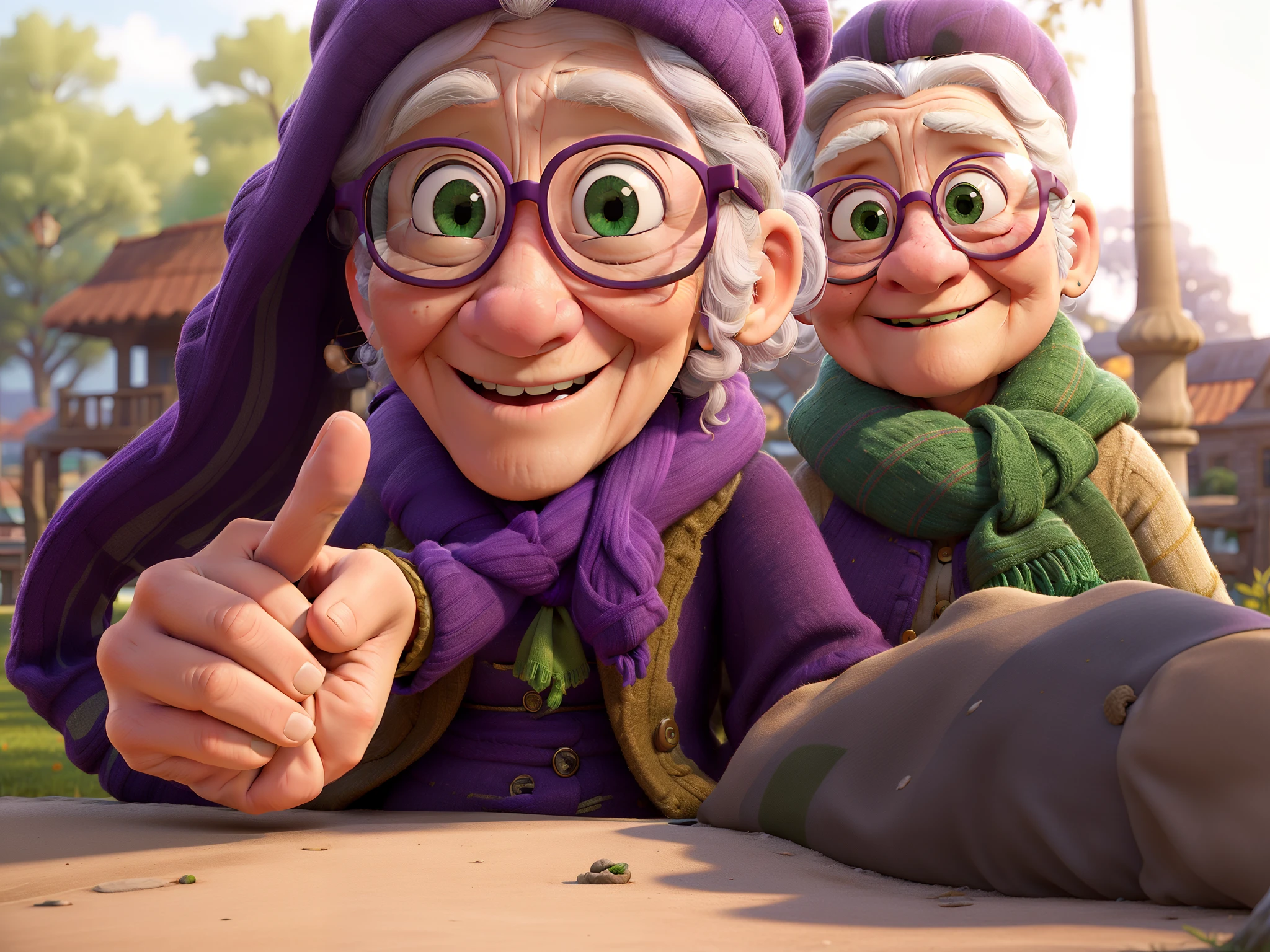 masterpiece, best quality, an old woman with glasses and a scarf on, wearing a purple coat and green scarf, standing at the park