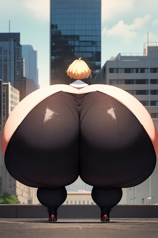 masterpiece, best quality, eldri, yellow wings, tuxedo, ascot, business, black pants, city, cowboy shot, looking at viewer, (gigantic ass:1.6)