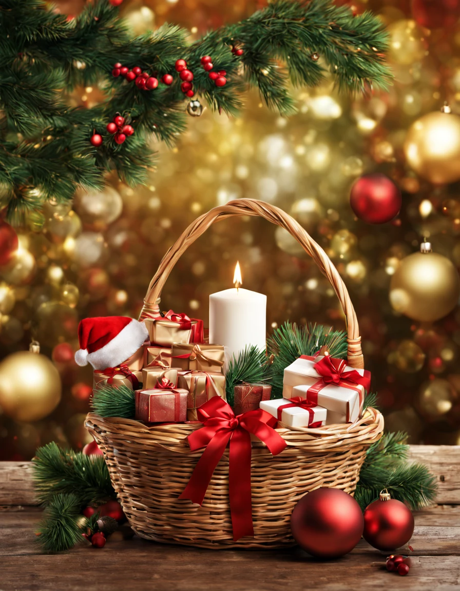 (best quality,highres,masterpiece:1.2),ultra-detailed,realistic,photorealistic:1.37,Italian Christmas scene,web banner,gifts in a basket,Christmas decorations,advertising