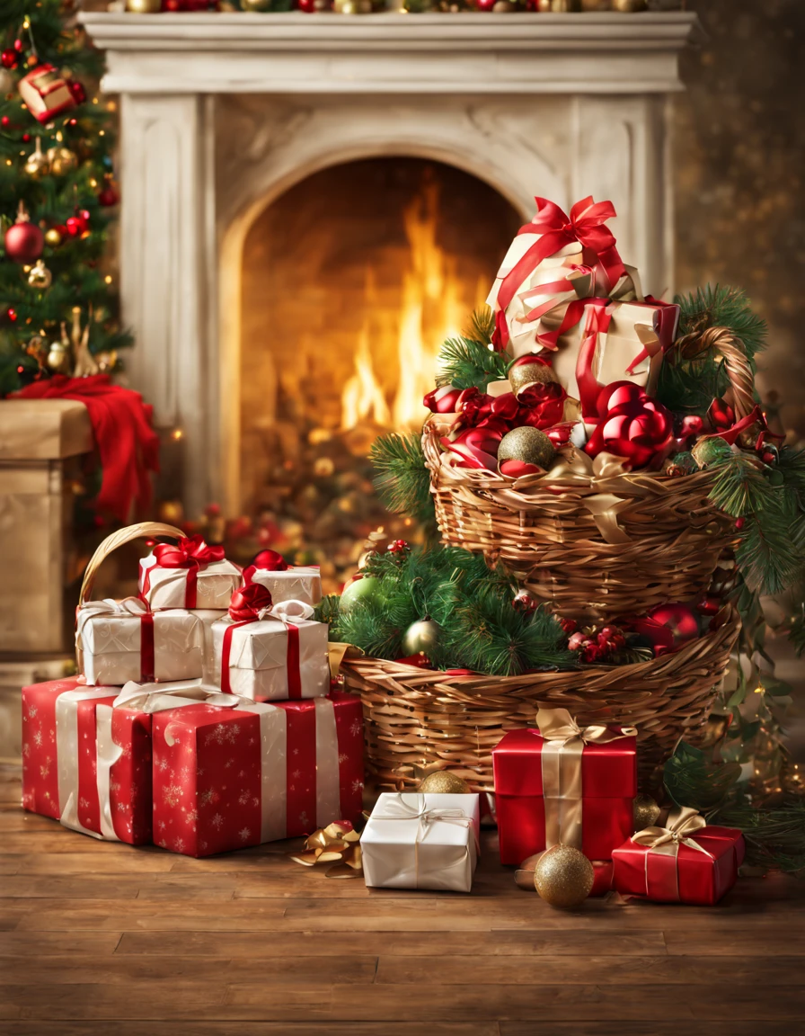 (best quality,highres,masterpiece:1.2),ultra-detailed,realistic,photorealistic:1.37,Italian Christmas scene,web banner,gifts in a basket,Christmas decorations,advertising