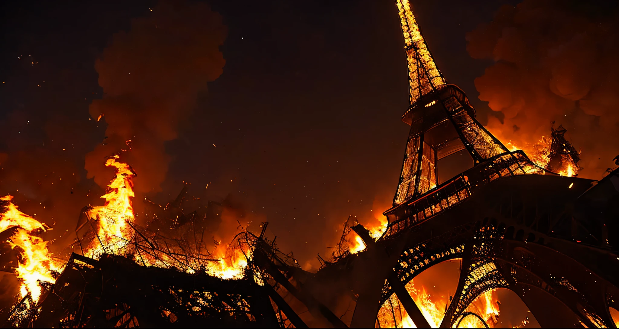 Destroyed Paris: Eiffel Tower fallen, ablaze.