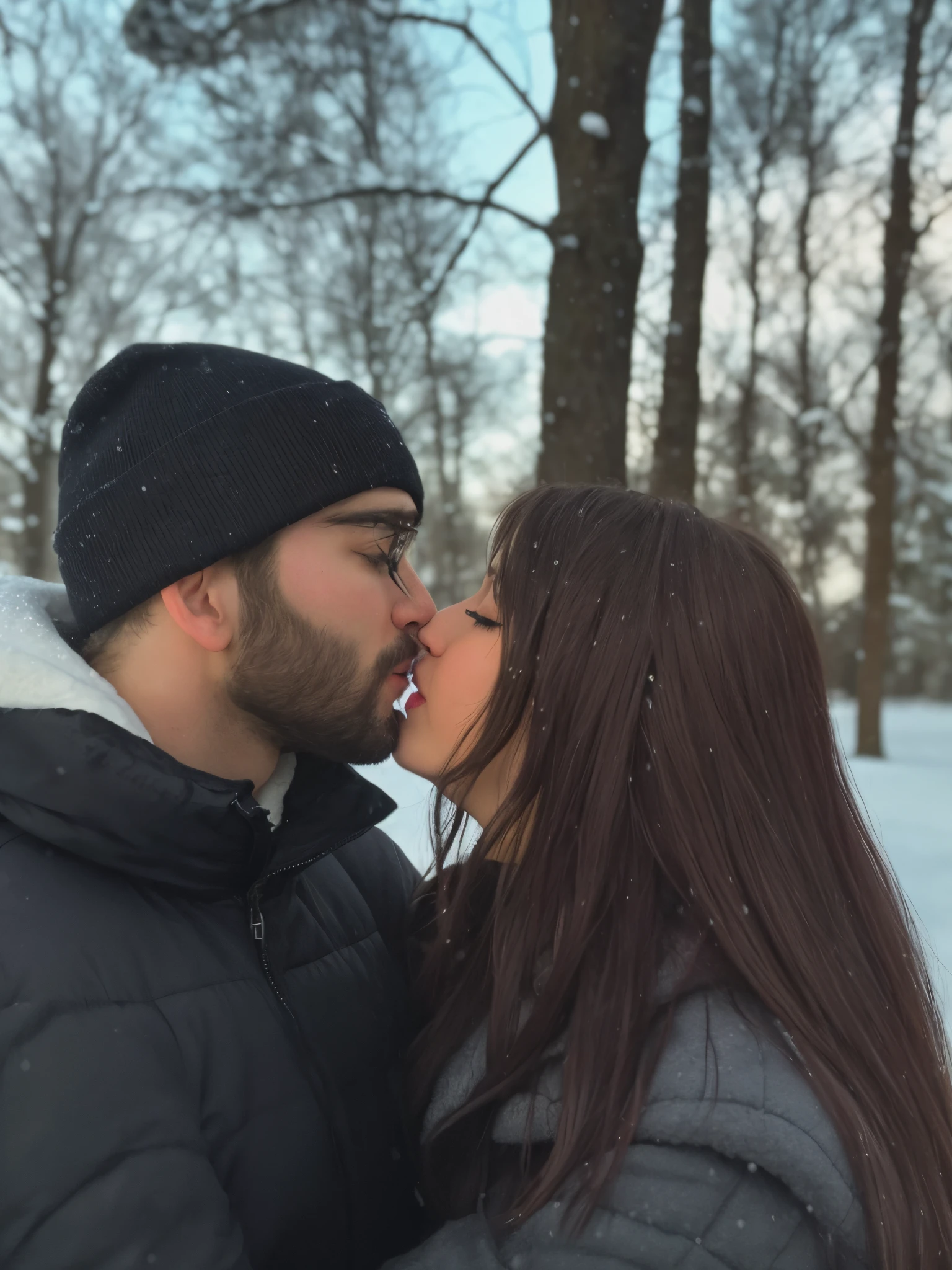 The girl has dark long hair, straight hair, Arafe kisses a woman in the snow in the park, kissing together cutely, couple kissing, kissing together, kiss each other, only snow in the background, kissing, with a park in the background, only snow in the background, 🤬 🤮 💕 🎀, very accurate photo, cold, Like ice! 🧊, Mouth-to-mouth kiss