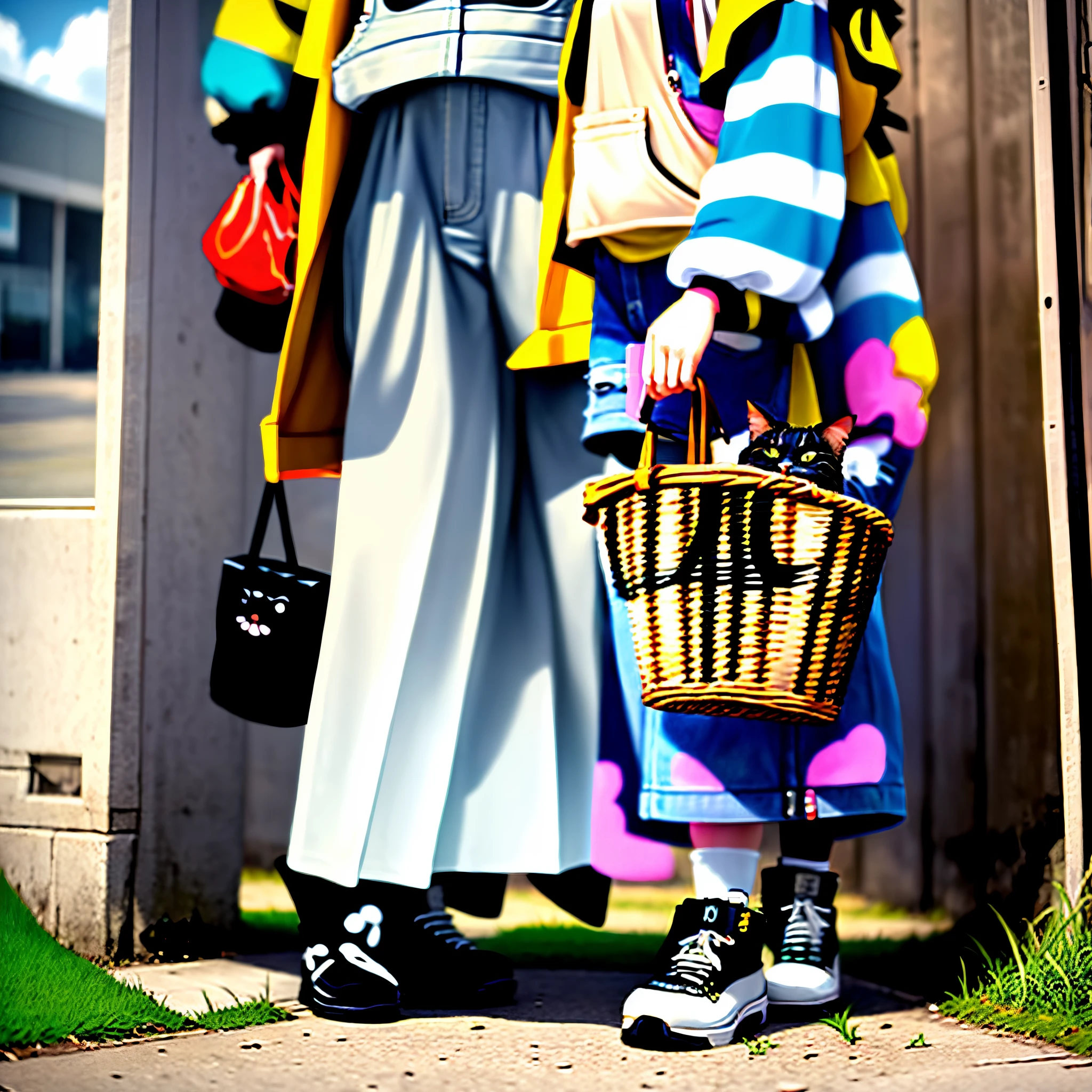 Cat dressed in overalls with a basket, in the style of streetstyle, light white and light brown, transparent/translucent medium, mori kei, striped, grassy field scenes, hip-hop style --ar 3:4