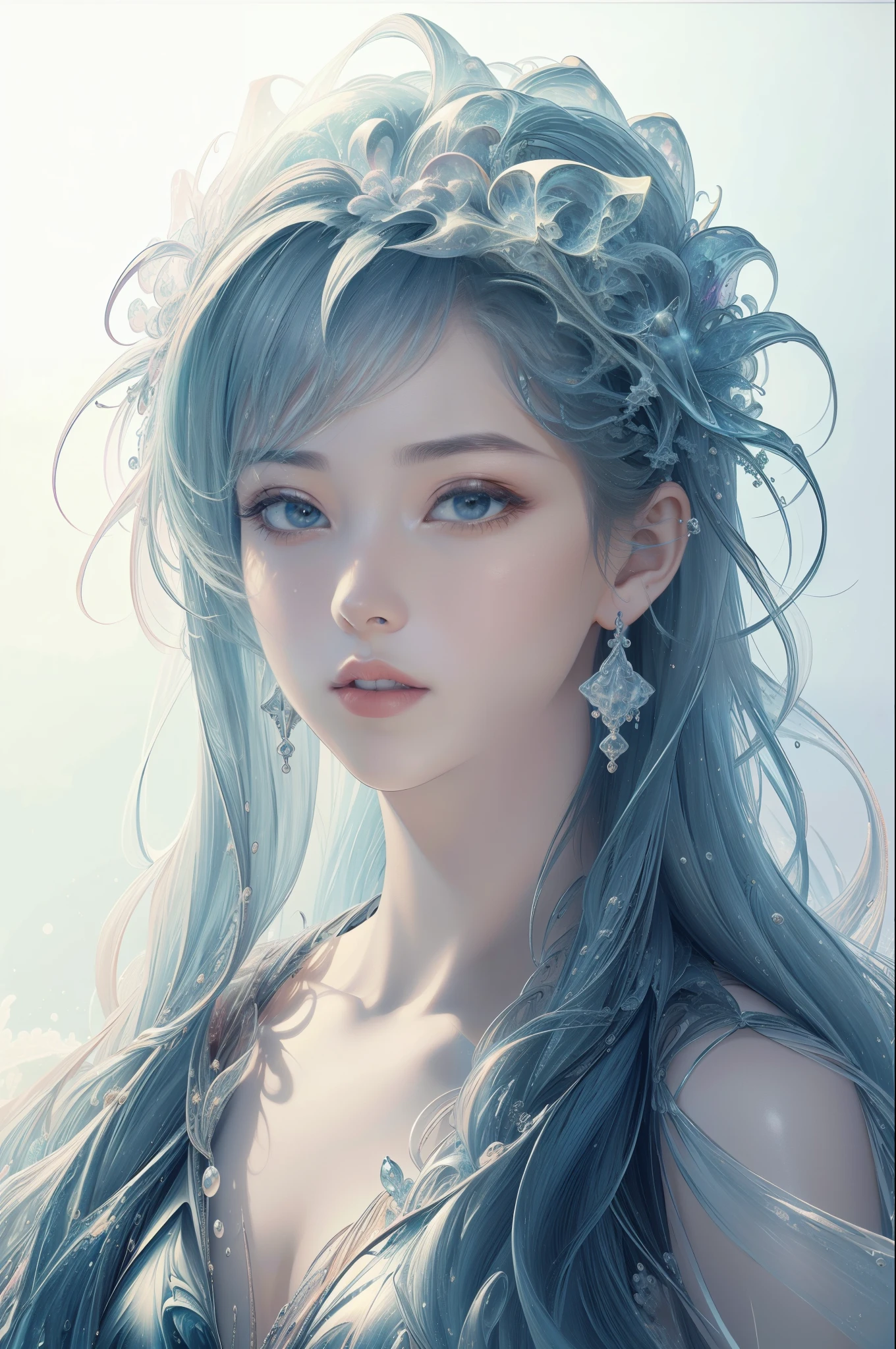 (masterpiece:1.4, best quality), (intricate details), unity 8k wallpaper, ultra detailed, beautiful and aesthetic, perfect lighting, (1girl), (blue hair, blue eyes, medium breasts),, dynamic pose, dynamic angle, lipstick, slim, slim body, medium breasts, , detailed background, realistic, solo, perfect detailed face, detailed eyes, highly detailed, blush, hair ornament, rolling_eyes, cross-eyed,