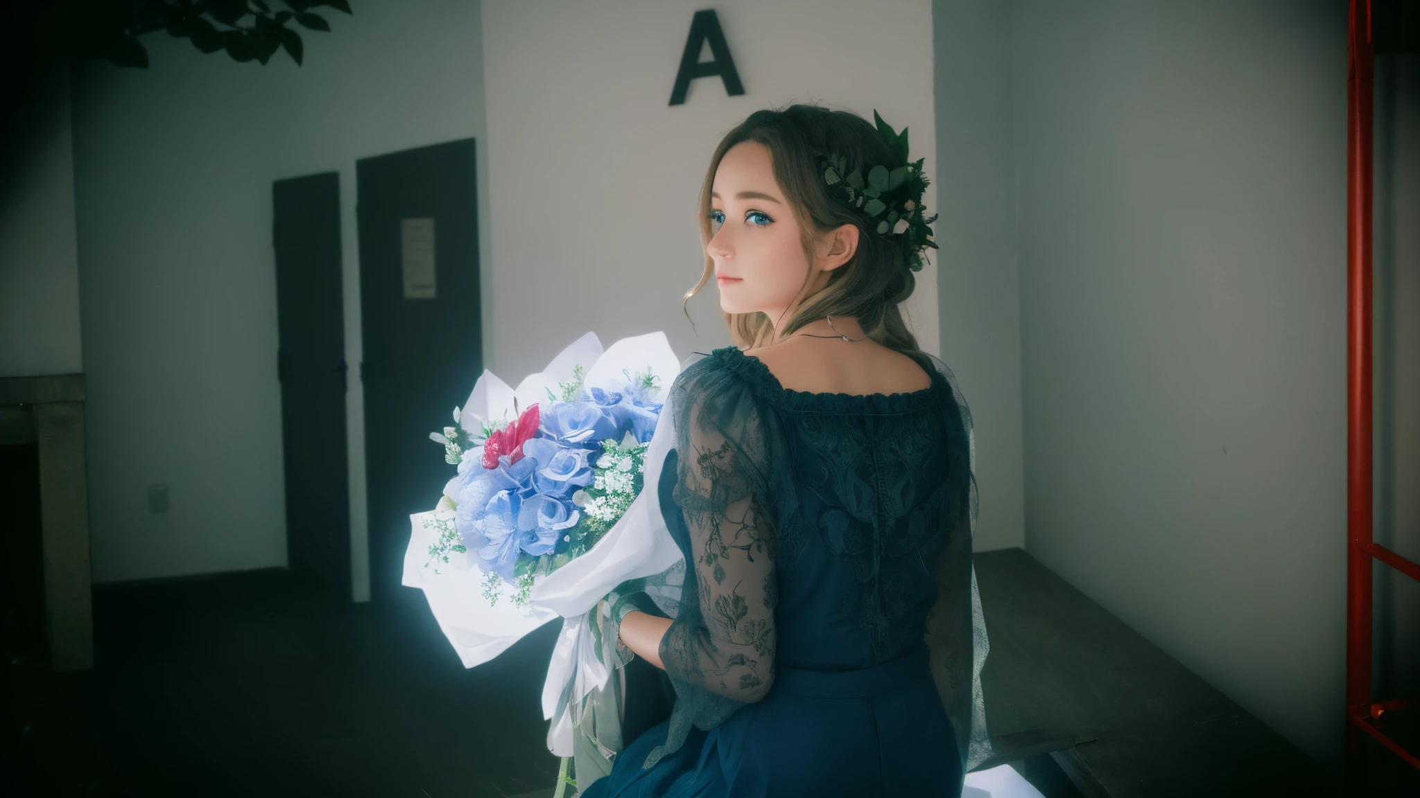 A girl, 35 years old, sitting on a bench in a forest with flowers, fey queen of the summer forest, goddess of the forest, forest fairy, goddess of nature, forest fae, queen of the forest, queen of nature, goddess of spring, a maid in a magical forest, forest soul, the non-binary deity of spring, forest dryad, perfect eyes, beautiful eyes, detailed eyes,