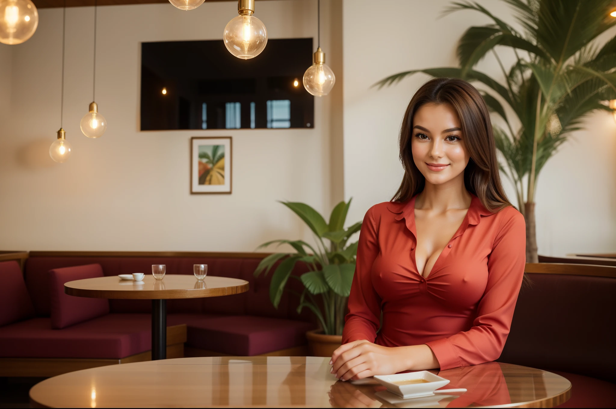 A girl in a bossa nova themed café, (18years old),[the face is combination of (((irene1:1.2))) and (((Excella_er5:1.2)))],long eyelashes,gorgeous girl,feminine charm,pearl skin,(skin pores:1.1),extremely detailed face and skin texture,(skin texture:1.1),black hair,soft and smooth hair,tall and slender body,(192cm tall),thin and delicate figure,graceful posture,strong and defined muscles,flawless skin,defined abs,perfect curves,feminine appearance,embodying elegance and beauty,happy expression,full-smile,seductive eyes and sensual lips,large breasts,cleavage breasts,((wearing a sexy (red) shirt dress:1.3)),(no panty),(ultra-short dress),surrounded by soft, warm lighting and elegant decorations. She sits at a table draped with a vibrant, handwoven tablecloth, sipping a cup of freshly brewed coffee. The café is filled with the rich aroma of freshly ground beans, and the sound of smooth bossa nova tunes fills the air. The café walls are adorned with colorful paintings and vintage photographs, adding to the artistic atmosphere. The furniture is made of polished wood, giving a sophisticated touch to the space. The café has a tropical vibe, with hanging plants, palm trees, and colorful flowers adding bursts of vibrant greens and pinks. The warm, golden color palette of the café creates a soothing and inviting ambiance, with soft shadows and highlights playing on the surfaces. The lighting is reminiscent of a sunset, casting a warm glow on everything it touches. The overall image quality is of the highest standard, with every detail captured in ultra-sharp focus. The colors are vivid and the textures are rich and realistic, creating a visually stunning masterpiece. This prompt features the medium of a realistic painting, enhancing the overall artistry of the image. The prompt also includes additional details such as the cozy café setting, the soothing bossa nova music, and the tropical decor, creating a complete and immersive visual experience.