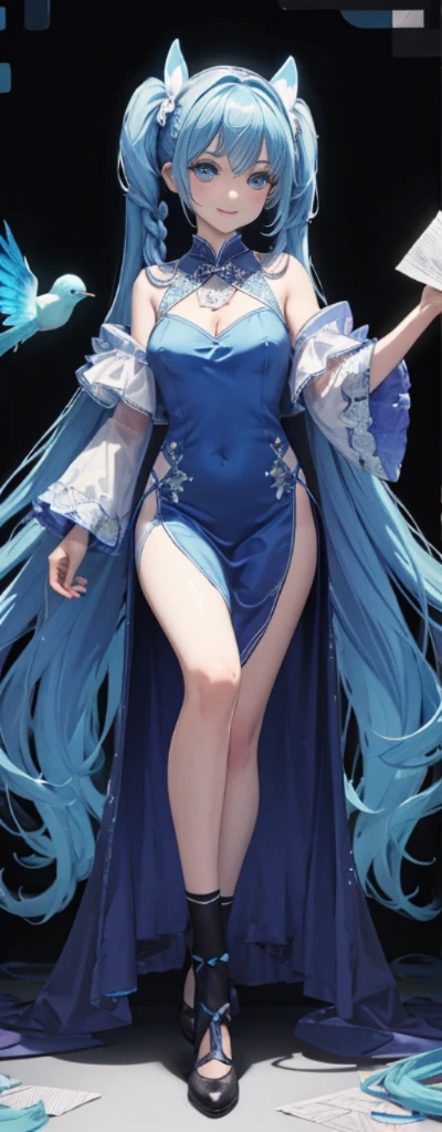(fully body photo),Fluorescent background,(1 Witch,Flash fluorescence,Hats,Transparent tulle cheongsam,Delicate tiara,ssmile),(paper art,Quilted paper art,geometry),(Lots of colors,Best quality at best,high detal,tmasterpiece,movie light effect,4K,lightand shade contrast),Blue transparent tulle cheongsam,pigtails,Red knee-length socks,luminous totem,eBlue eyes,Sakura hair and big breasts,long braid,hatsune