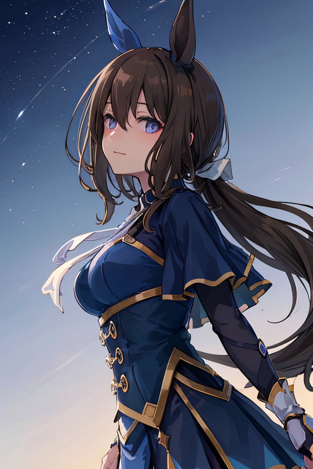 (Tabletop.highest quality).(Dynamic Angle). (CG paintings with impressive detail),(Perfect image)、Comic Strip.shape.1 girl.Detailed face、Perfect Face.Delicate face、Girl in delicate clothes、Rough skin、Black Hair.length、(Umamimi Girl)Umamimi Girl、((Beautiful Blue Eyes)).Delicate and beautiful eyes、Fine grain、Reflected Eyes、smile.(View your viewers:1.3).(Face is a little red:0.8)、8k wallpaper、Cowboy Shot、reflected light、Most detailed、Complex、Delicate background、Rough skin、Fine skin、(Super Resolution)、