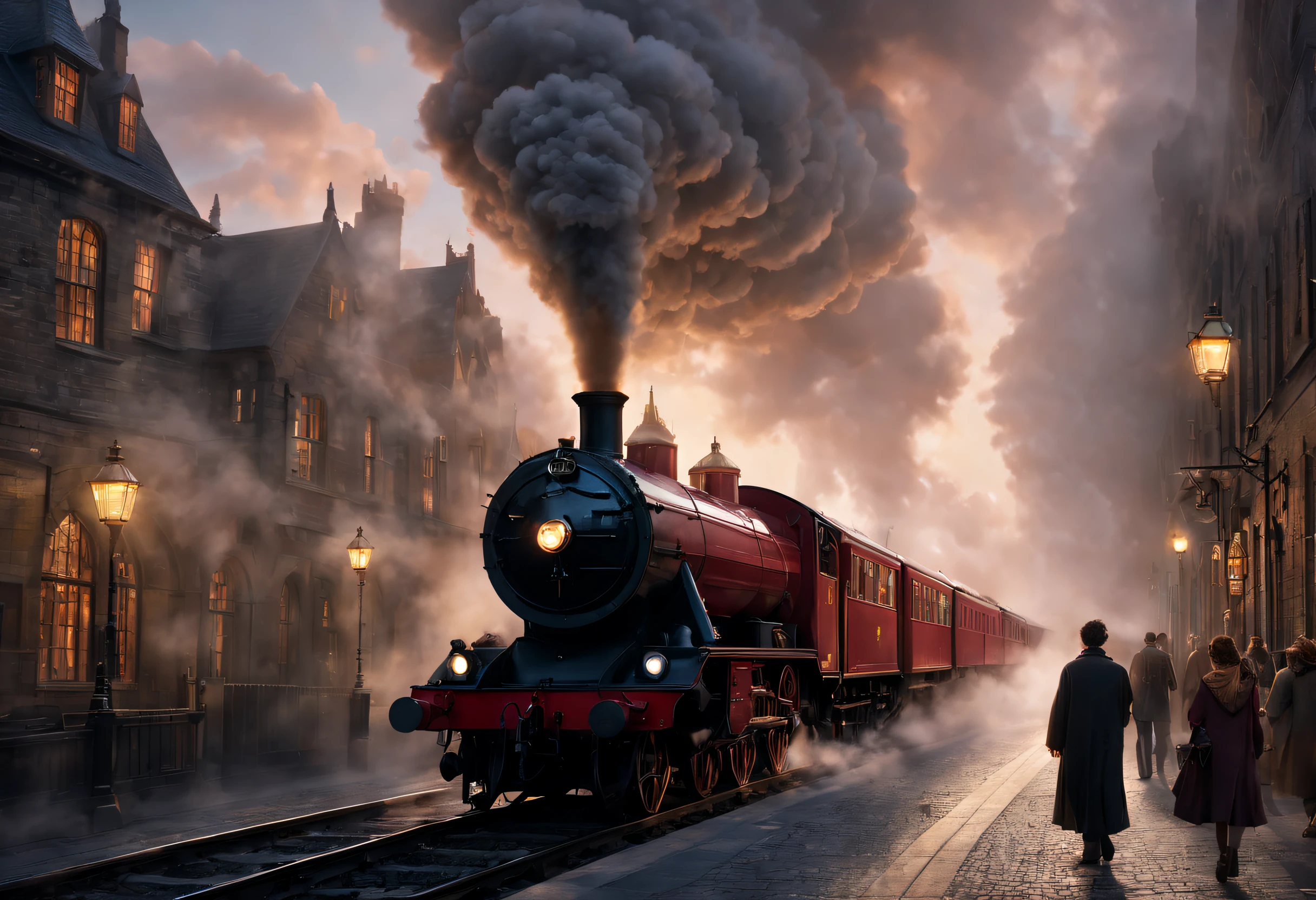 ultra-realistic realism, romanticism lain, sci-fy，mistic，Fantastic and magical，number art，mistic，Thriller，ray traycing, Atmospheric perspective, in a panoramic view, wide angles, Sony FE masterpiece,, high detal, high high quality, Award-Awarded, Best quality, A high resolution, 8K， （Hogwarts Express），It consists of a group of scarlet steam locomotives，Each carriage is made of dark oak，Carved windows，Brass door catch，There are gilded words on the roof.，spell out &cite;Hogwarts Express&cite;，There is a wrought iron corridor connecting the carriages.，The corridor is covered with the brightest red carpet，Steam locomotive smoke fills the cold morning，It gives a hazy feeling、mystical feeling。 when the train comes into the station，Its whistle can cheer people up，Trains have also been described as having a soul of their own，It wakes up sleeping passengers at a specific time，Lead them to their destiny。The Hogwarts Express is more than just a train，tas&#39;More of a symbol，Symbols that lead students into the mysterious and dangerous world of magic。Inspired by the movie《Harry Potter》 Background with：The mysterious and dangerous wizarding world of Harry Potter