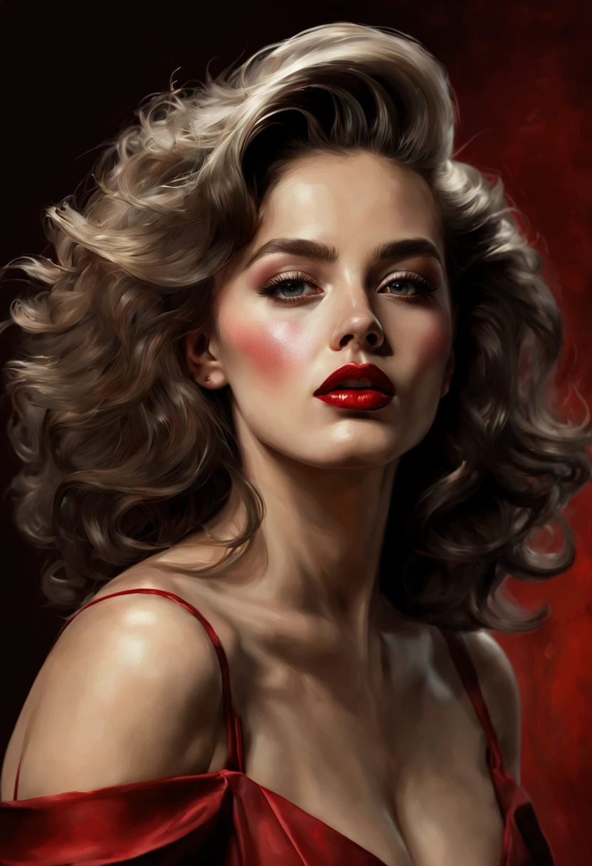 By  David Palumbo, Alberto Seveso, Woman, realistic, With voluminous hair, with thin straps, Red lipstick, With a short dress, delicate face, fine features,8k. perfect face, Deep rich colors, Oil paint, Highly detailed painting, Dynamic lighting, Detailed background.