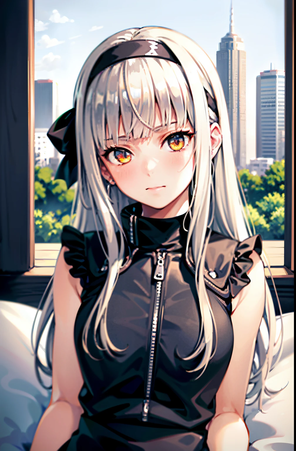 best quality, ultra high res, 1girl, sleeveless white black skirt, black choker, cute, (Kpop idol), (aegyo sal:1), (platinum blonde hair:1), ((puffy eyes)), looking at viewer, full body, facing front, wearing a headband that says (("LYA")), text, headband. Long hair.