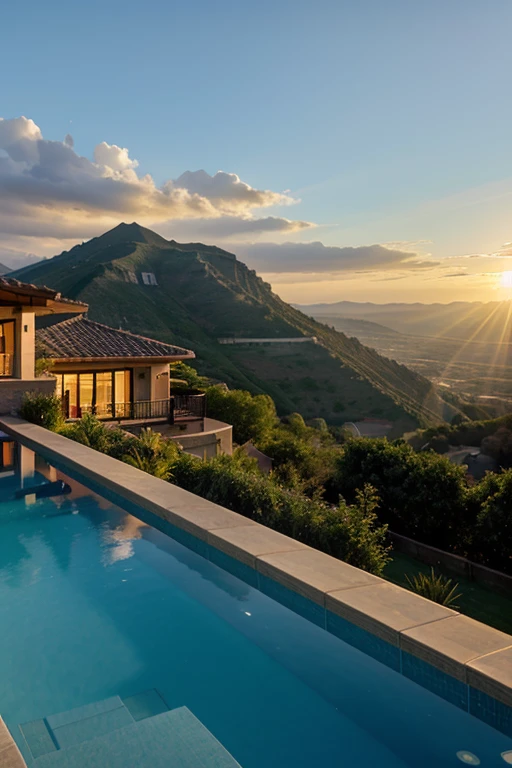 luxury home , swimming pool , mountain cliff , horizon , evening, sun rays ,