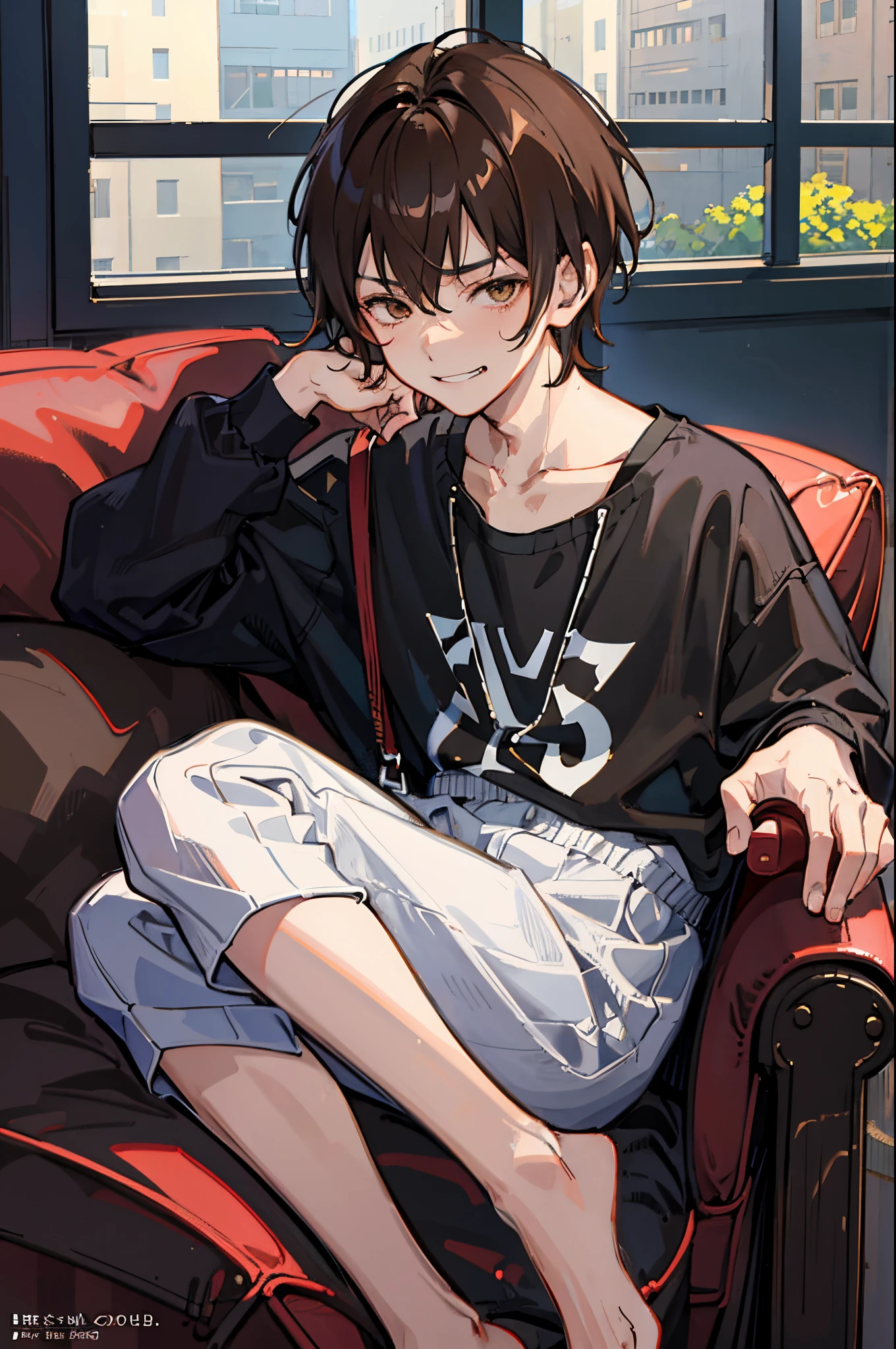 1boy, bag, bangs, brown hair, smug, shota, teen boy, young boy, sitting on couch, casual clothes, snickering, smirking, trending on artstation, 8k resolution, highly detailed, anatomically correct, sharp image, digital painting, concept art, trending on pixiv, style of makoto shinkai,