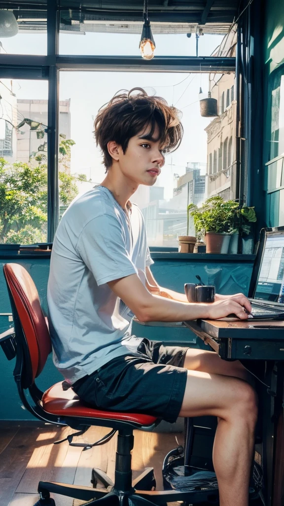 Boy sitting on chair and typing on laptop which is on table