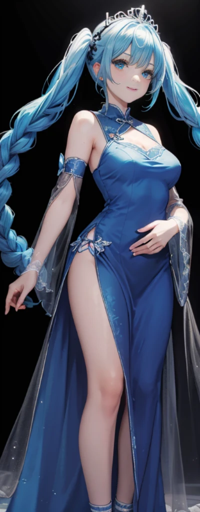 (fully body photo),Fluorescent background,(1 Witch,Flash fluorescence,Hats,Transparent tulle cheongsam,Delicate tiara,ssmile),(paper art,Quilted paper art,geometry),(Lots of colors,Best quality at best,high detal,tmasterpiece,movie light effect,4K,lightand shade contrast),Blue sheer tulle dress,pigtails,Red knee-length socks,luminous totem,eBlue eyes,blue hair and big breasts,long braid,