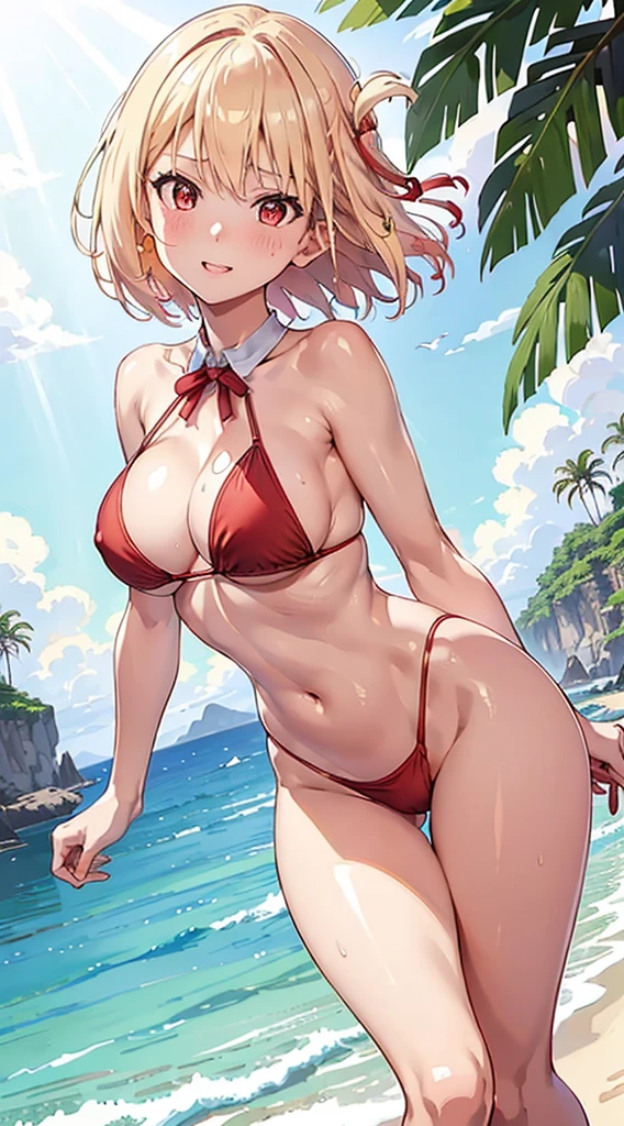 (Photoshopped Drawing:1) of (Illustration:1.6), (highres, best quality), masterpiece, 1girl, (symmetrical breasts), sunbeam, god rays, ambient lighting, medium breasts, oppai, gazing eye, unreal engine 5, immaculate detail, ultra detailed, hyper refined, uber mega mega good,(Vivid Colors:0.25),Extremely detailed, 2k wallpaper, amazing, finely detail, 8K Wallpaper, huge filesize, Ultra-detailed, hight resolution, Extremely detailed, Realistic, 8K, Ultra-high definition, Highest Quality, Ultra High Resolution, NSFW, POV, Beautiful background, (masterpiece), Raw photo, Best Quality, expressive eyes, perfect face, ((sexy micro bikini)), bedroom, sexy legs, legs, beautiful eyes, beautiful smiling face, red ribbon, hips, red eyes, blush, sweat, sexy, provocative pose, high leg, bare breasts, glossy chest, shiny on the chest, whole body, large cleavage, Tropical beaches, full , anime style, ((extra small micro bikini)), sexypose, sexy facial expression, Sexy Shots, beautiful legs, platinum-blonde, shorth hair, red eyes, at the tropical beach side, beach, summer, (thighs thighs thighs thighs:1.0), medium_breasts, Yellow blonde hair, oppai proportions, small curvy loli, oppai, Short yellow blonde hair, short hair, big breast, wearing a red ribbon