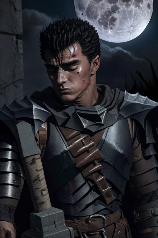 portrait of guts \(berserk\), 1boy, black hair, ((depressed)), sad, expressionless face, lifeless, looking away, male focus, one eye closed, dark background, scar, scar on face, scar on nose, cape, full armor, short hair, solo, black armor, upper body, weapon on back, full moon, traditional media, dark
