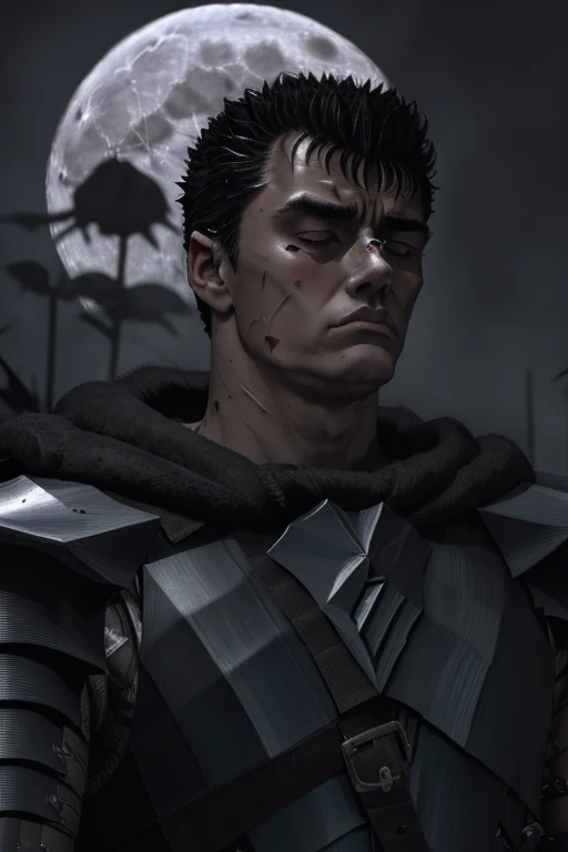 portrait of guts \(berserk\), 1boy, black hair, ((depressed)), sad, expressionless face, lifeless, looking away, male focus, one eye closed, dark background, scar, scar on face, scar on nose, cape, full armor, short hair, solo, black armor, upper body, weapon on back, full moon, traditional media, dark